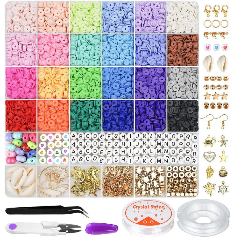 6000 Pcs Clay Beads For Bracelet Making, 24 Colors Flat Round Polymer Clay Bea