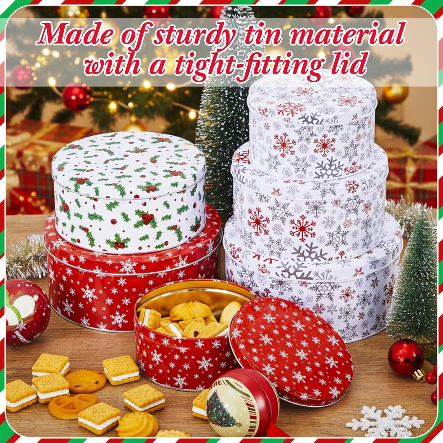 9 Pcs Christmas Cookie Tins Set 3 Sizes Decorative Cookie Boxes Christmas Tins With Lids Holiday Treats Round Metal Nesting Containers Candy Biscuits Treat Boxes(Berries,Snowflakes,Tree)