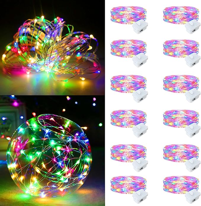 12 Pack Fairy Lights Battery Operated 7FT 20 LED Twinkle String Lights Waterproof Silver Wire Firefly Lights with 3 Lighting Modes for Mason Jars Wedding Party Holiday Decor