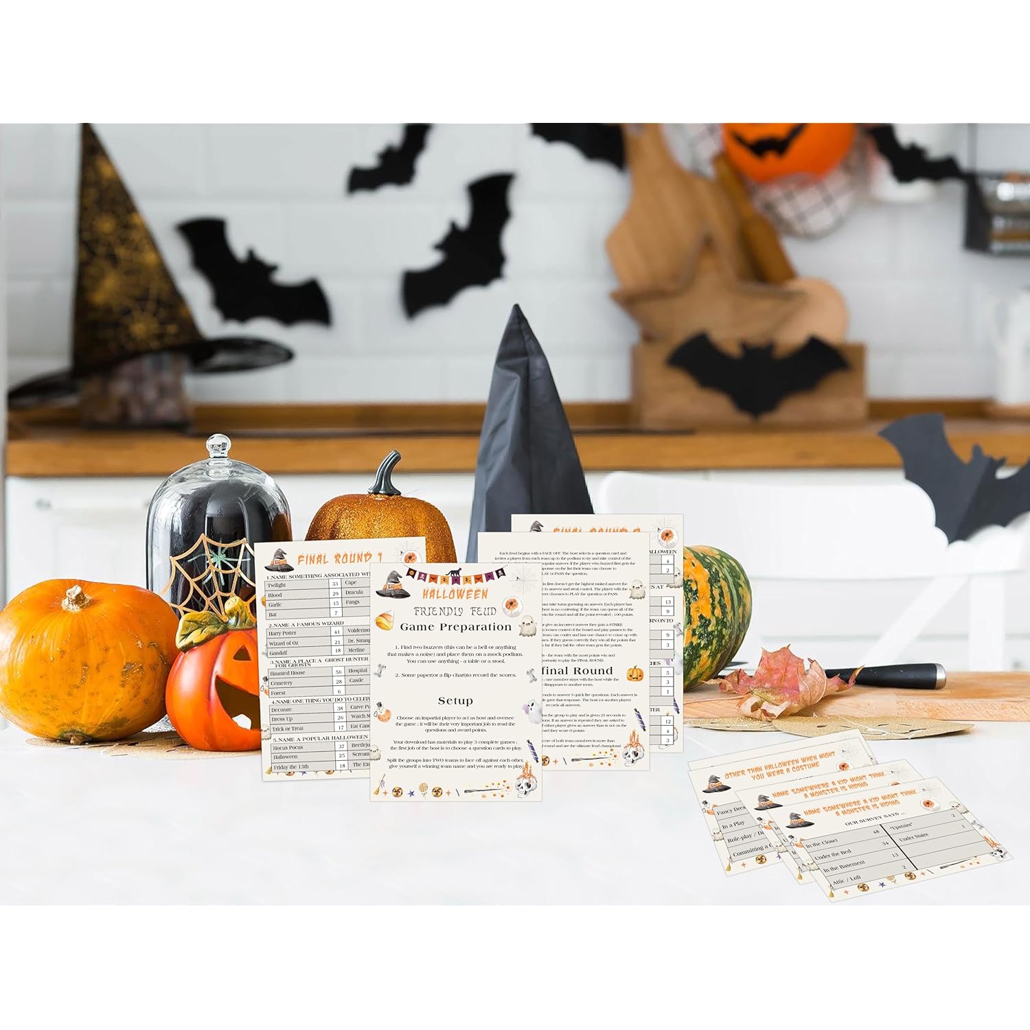 Halloween Friendly Feud Game, Family Feud Quiz, Trivia Quiz Baby Shower Game For Family Activity (12 Question Cards & 3 Final Round Cards) Halloween Party Games Decorations Supplies-Sg1