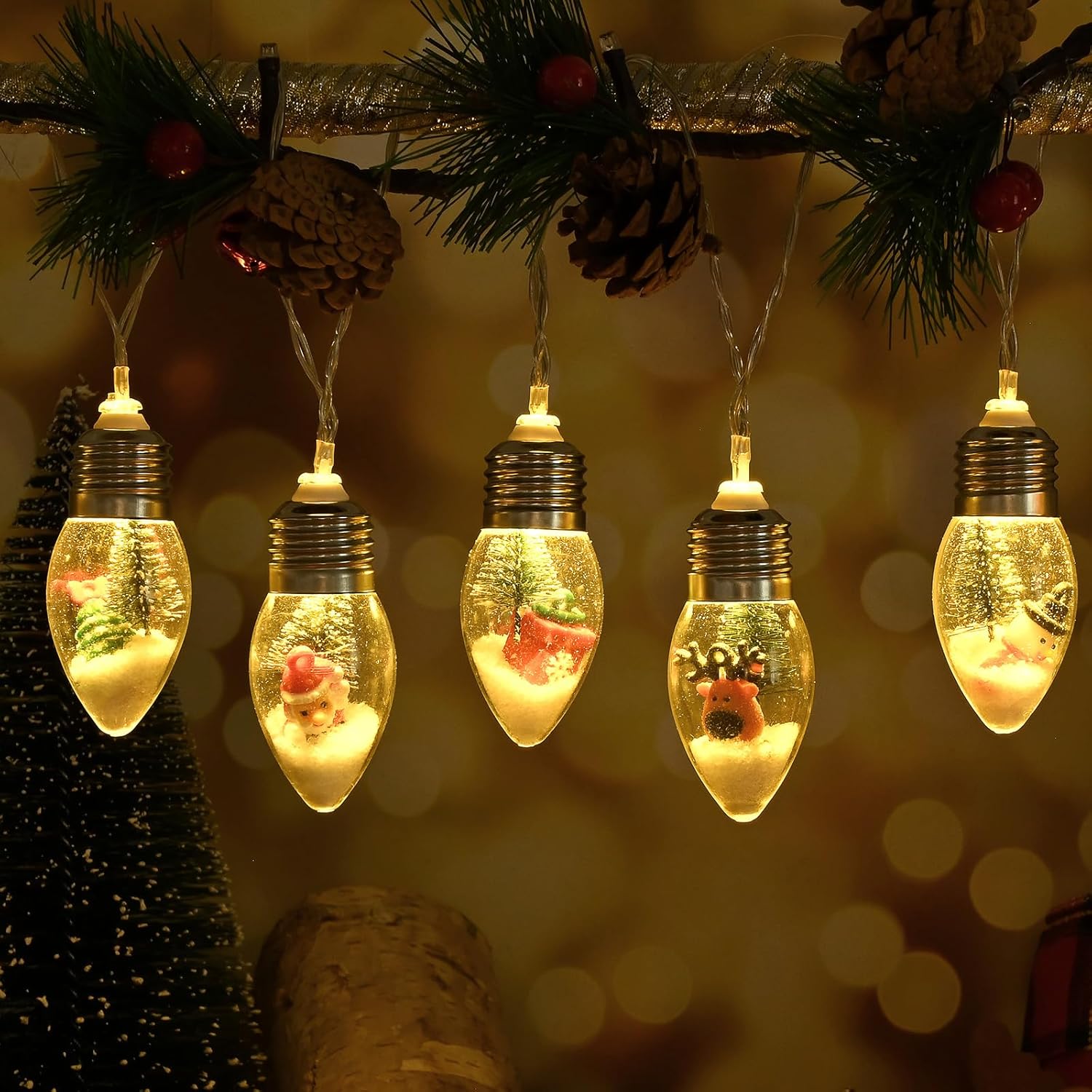 2Pcs Christmas Snow Globe String Lights, 13.2Ft Vintage Christmas Lights Indoor, 20 Led Globe Bulbs String Light With Sn