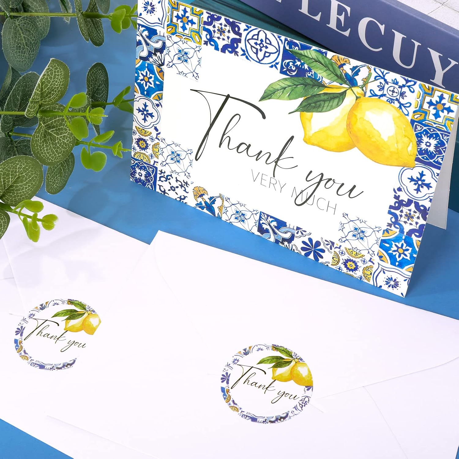 Lemon Thank You Cards Bulk 24 Pack Thank You Note Cards With Matching Seal Stickers Envelopes Blue Tiles Lemon Greeting Cards For Baby Shower Wedding Birthday Bridal Party And All Occasion