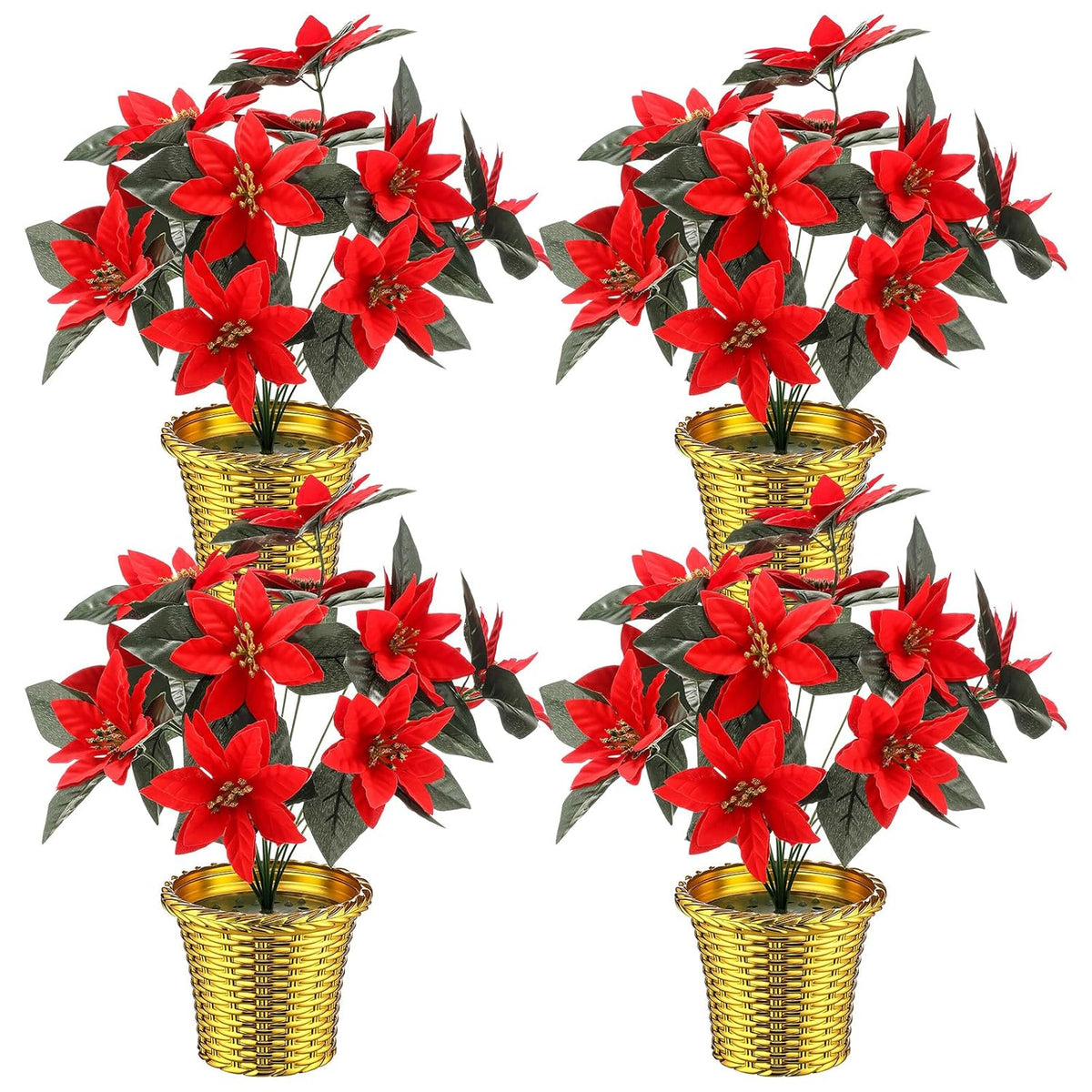 4 Sets 15.7" Christmas Poinsettia Artificial Flowers Potted With Gold Pot Bags 12 Heads Red Artificial Poinsettia Plant Desktop Decorations For Christmas Xmas Kitchen Home Table Centerpiece