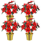 4 Sets 15.7" Christmas Poinsettia Artificial Flowers Potted With Gold Pot Bags 12 Heads Red Artificial Poinsettia Plant Desktop Decorations For Christmas Xmas Kitchen Home Table Centerpiece