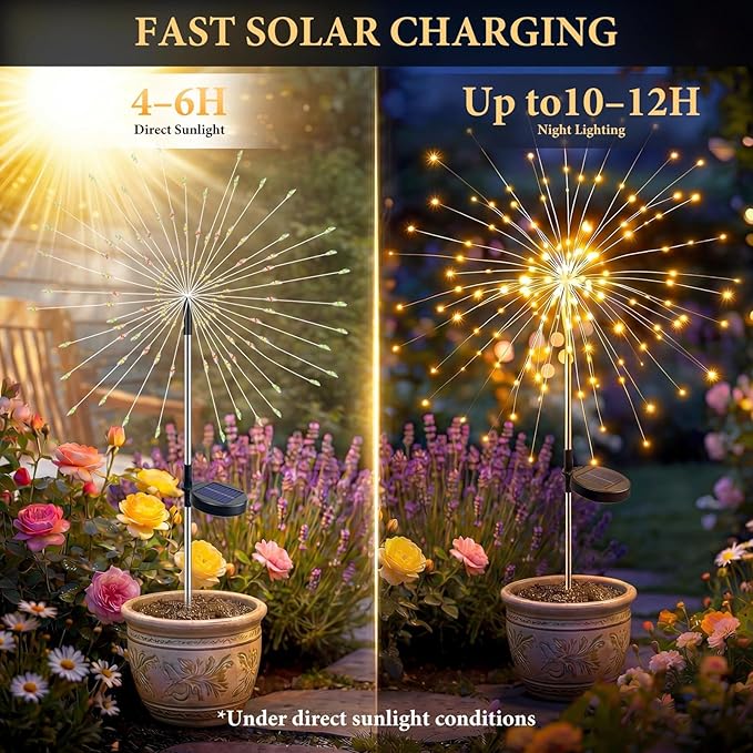 2 Pack Solar Firework Lights 120 LED Starburst Garden Lights Waterproof 8 Modes