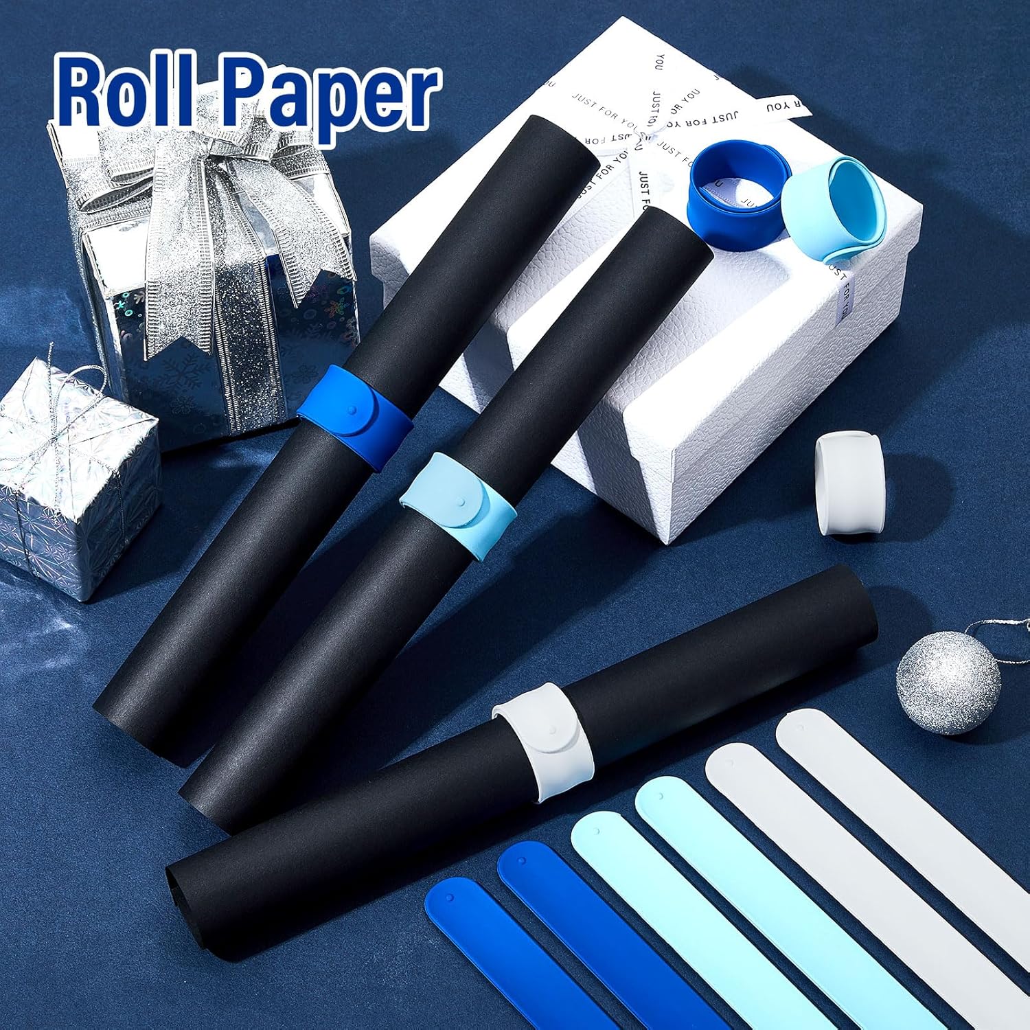 12 Pcs Wrapping Paper Roll Holder Clips Silicone Flip Wraps For Wrapping Paper Silicone Covered Metal Strips Bands For Christmas Holiday Storage Organization (Sky Blue, Dark Blue, White)
