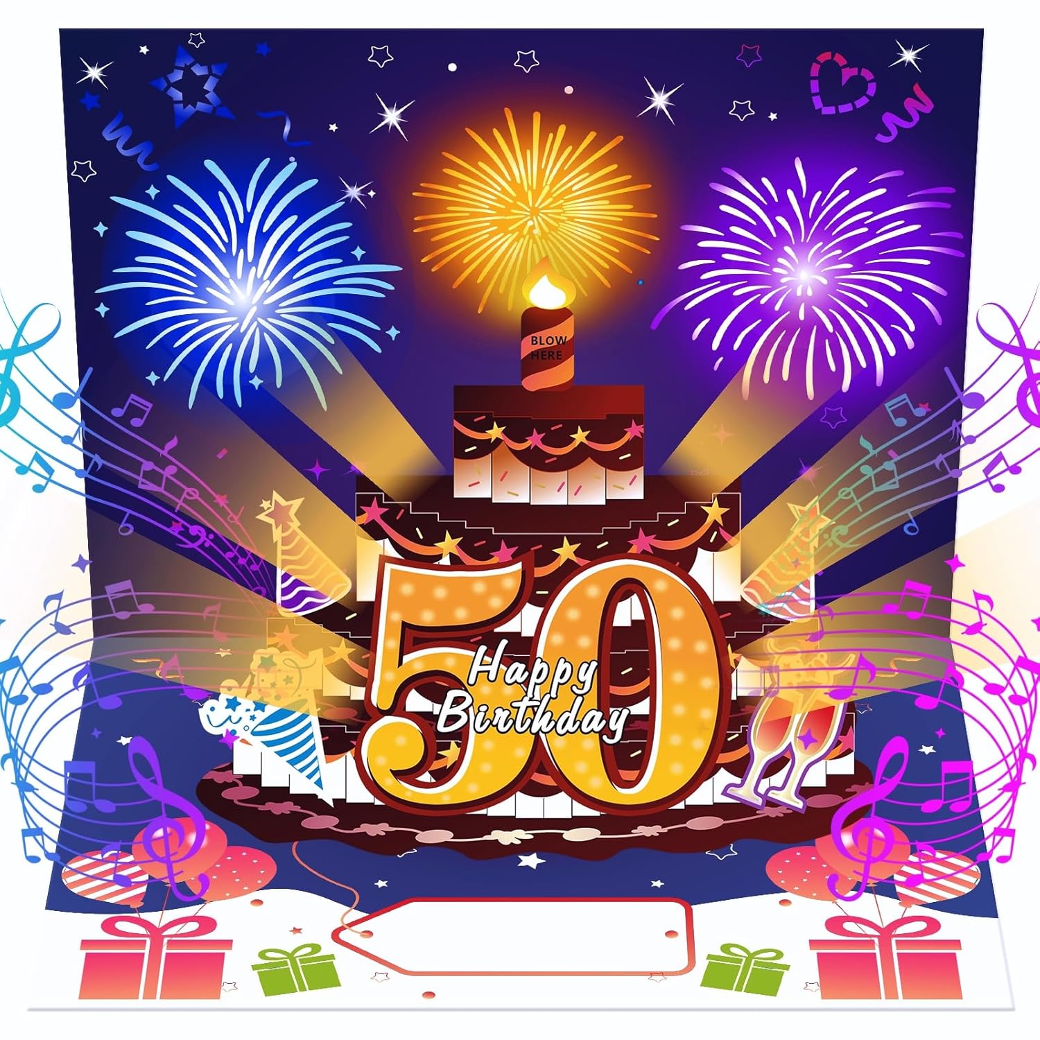 50Th Birthday Cards Pop Up 3D Cake - Fireworks Lights & Music & Blowable Candle Card Funny Happy 50Th Birthday Card Gifts For Women, Men, Mom, Grandma, Wife, Sister, Friend