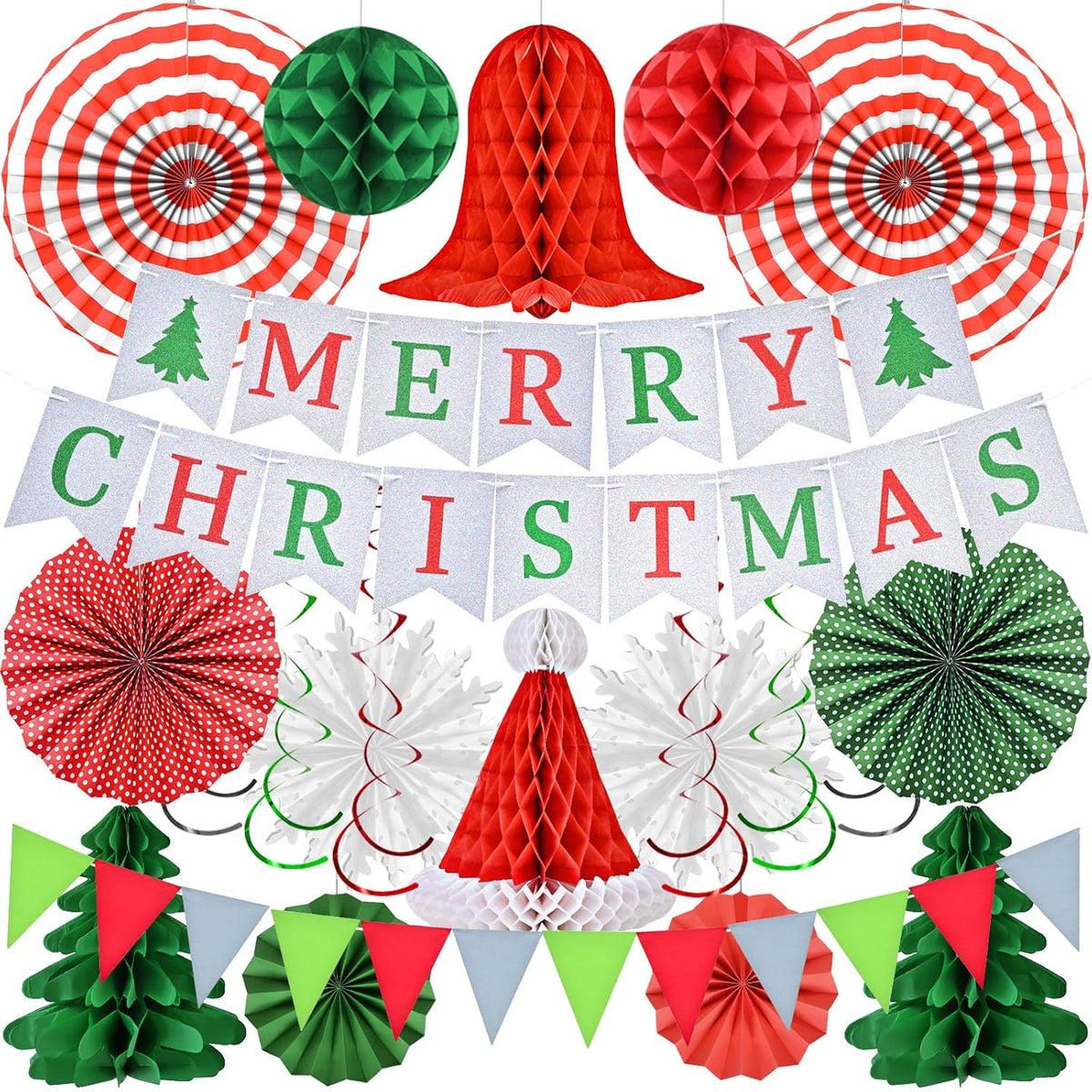 Christmas Party Decorations - Reusable Indoor Decor Kit With Merry Christmas Sign Banner, Pennant Banner & Hanging Paper Tissue Fan Tree Garland