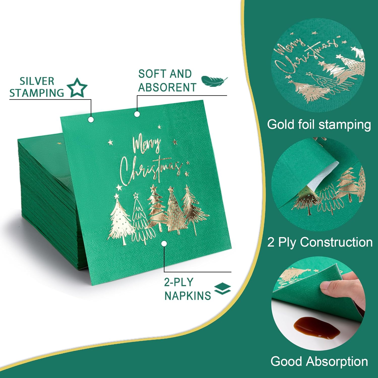 80 Pack Merry Christmas Paper Napkins Red Green White Gold Five Xmas Trees Disposable Party Luncheon Napkins For Christmas New Year Holiday Dinner Party Supplies, 6.5 X 6.5 Inch-5 (Green)