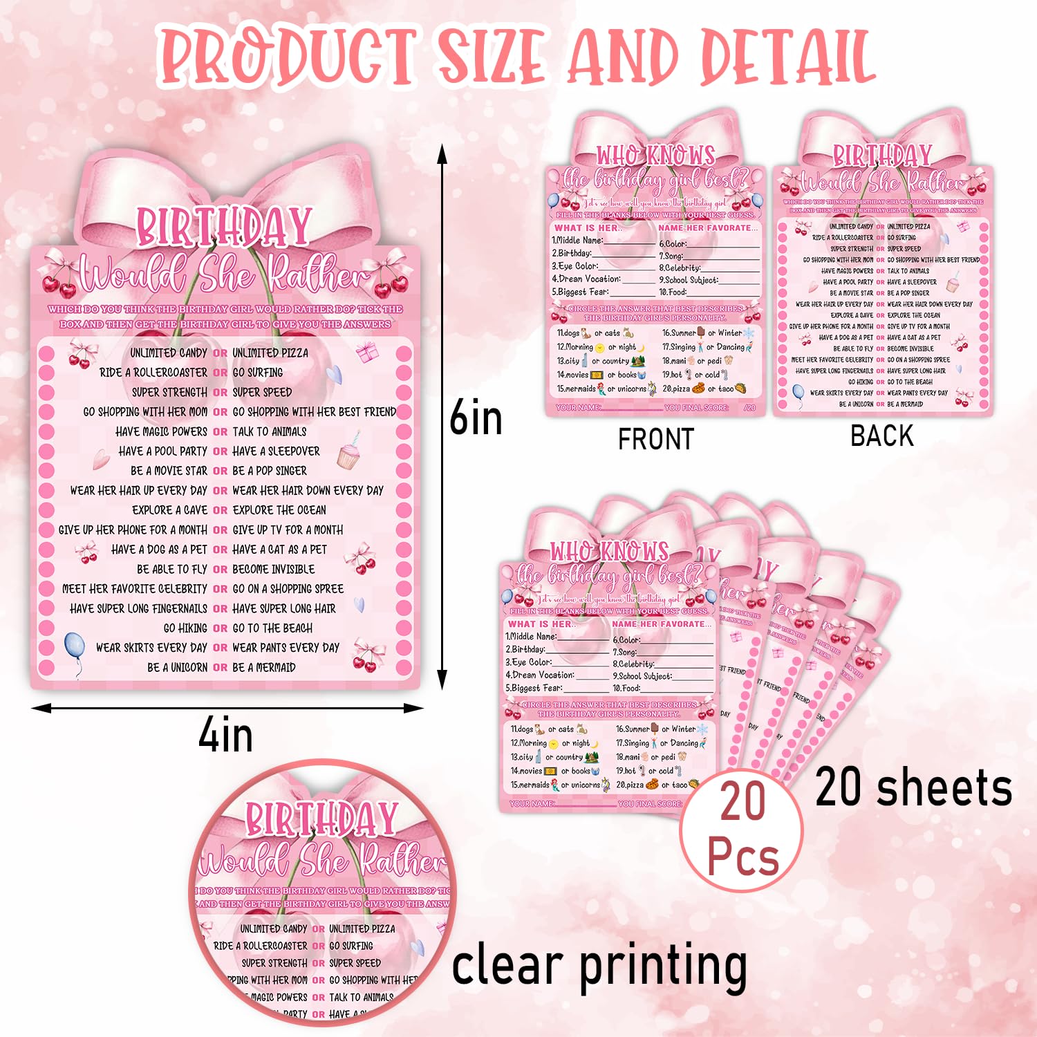 Pink Bow Cherry Themed Girl'S Sleepover Party Supplies - Girl'S Birthday Night Game Ideas - Who Knows The Birthday Girl Best 20 Pieces