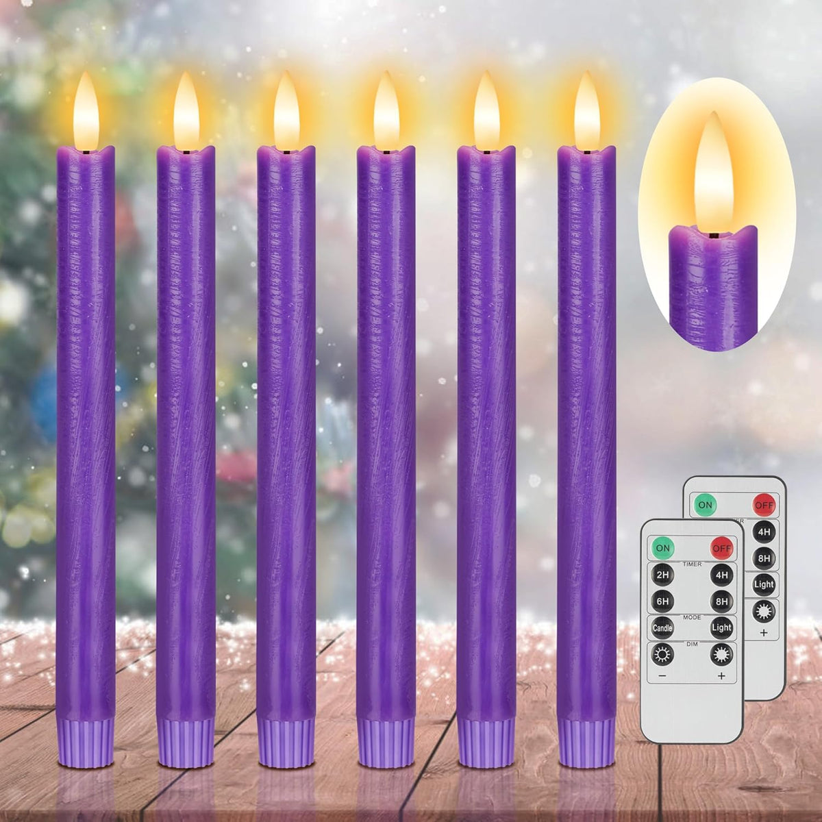 Purple Led Flameless Taper Candles, 6 Pack Real Wax Flickering Candlesticks With 10-Key Remote, Battery Operated Tall Taper Candles For Home, Wedding, And Party Decor