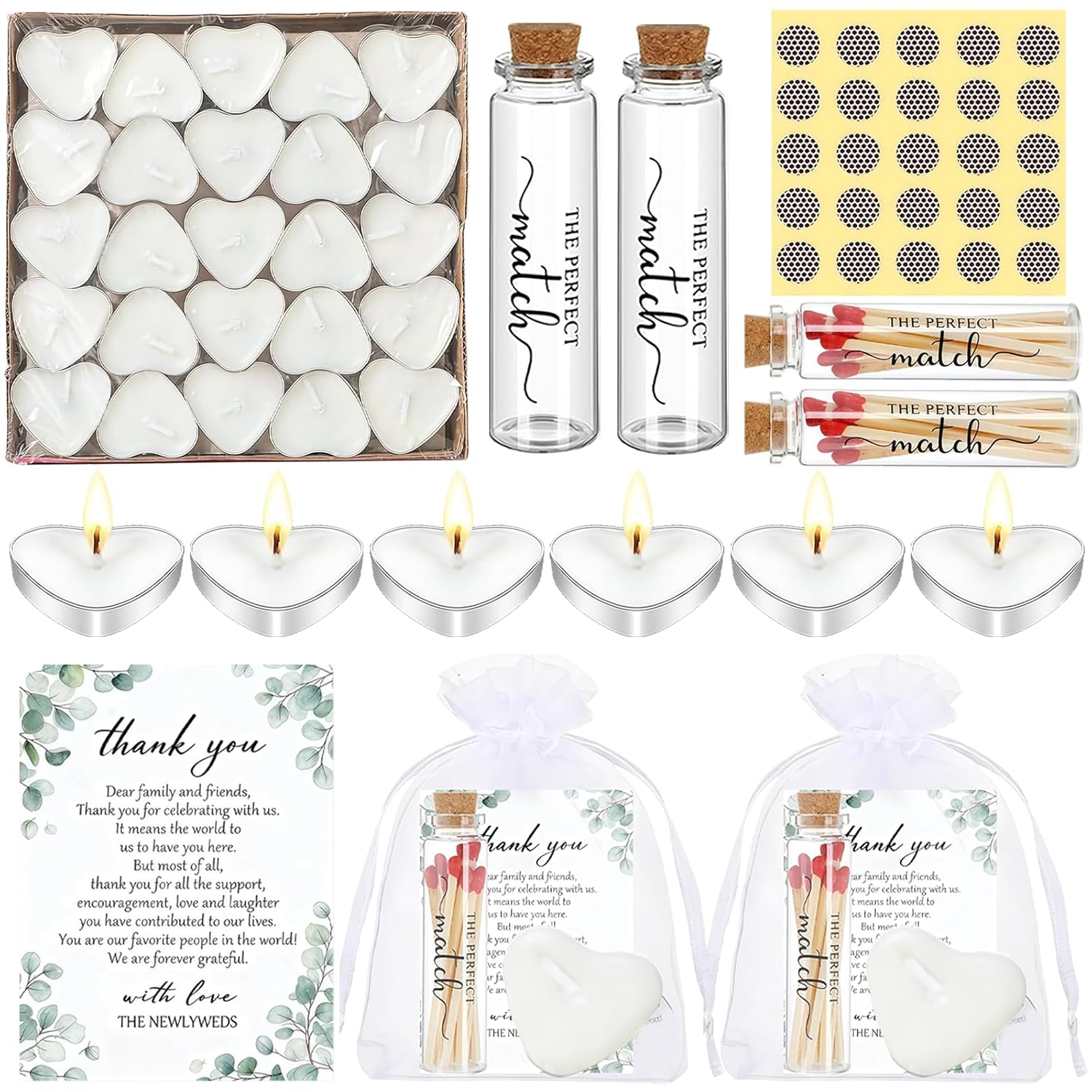 Wedding Party Favors For Guests Bulk Including Mini Heart Shaped Candles Empty Matches Jars With Cork Top Thank You Cards And Organza Bags For Diy Wedding Bridal Shower Party Guests Souvenir Gift (25)