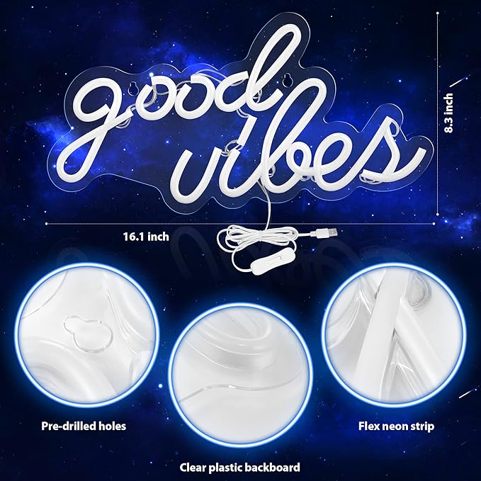 Good Vibes Neon Sign Blue LED Wall Light 16.1x8.3 Inch Bedroom Room Decor Olekki