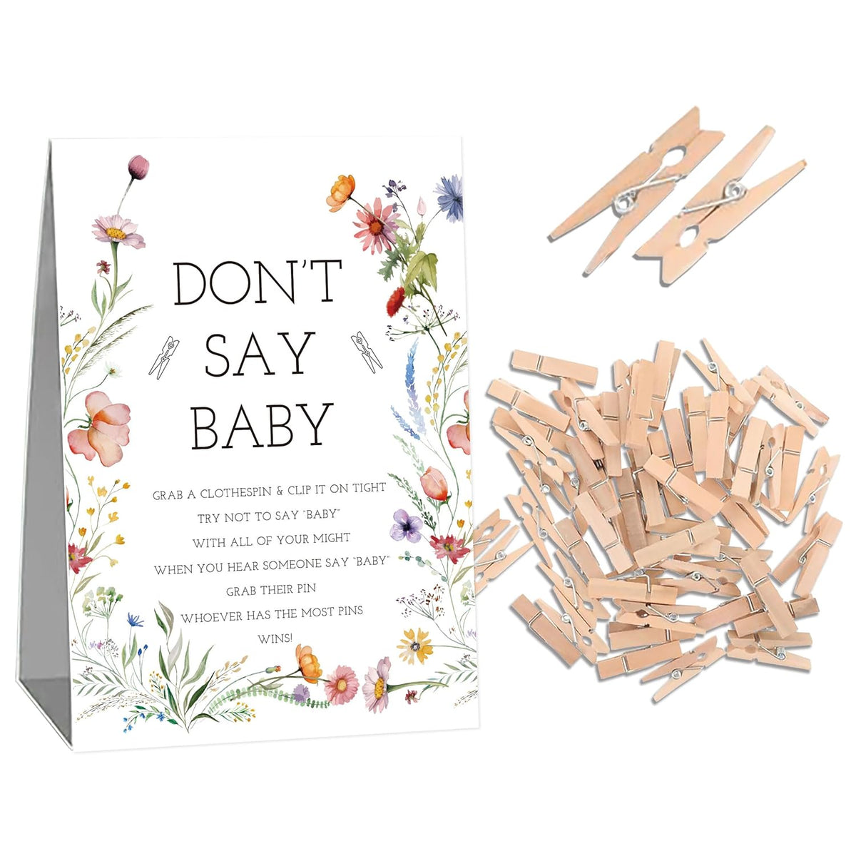 Fun Baby Shower Game, Don'T Say Baby Game For Baby Shower (One Sign With 50 Mini Clothespins), Floral Sign For Baby Shower, Baby In Bloom Decorations, Gender Reveal Game-Dsbb39