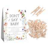 Fun Baby Shower Game, Don'T Say Baby Game For Baby Shower (One Sign With 50 Mini Clothespins), Floral Sign For Baby Shower, Baby In Bloom Decorations, Gender Reveal Game-Dsbb39