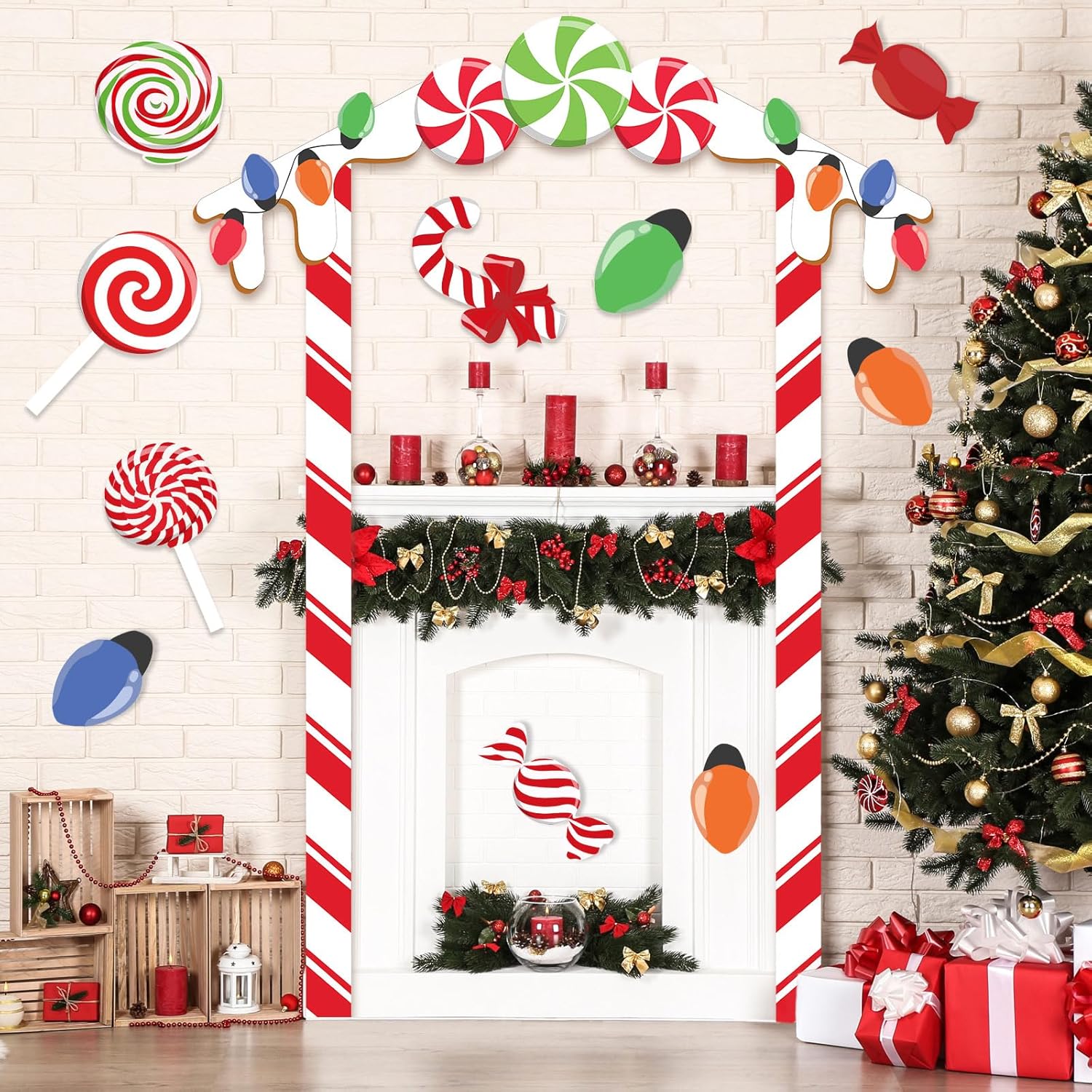 20 Pcs Christmas Candy House Door Cover Large Christmas Door Decorations Candy Cane Covers Banner Gingerbread Backdrop For Classroom Wall Window Stickers Decor