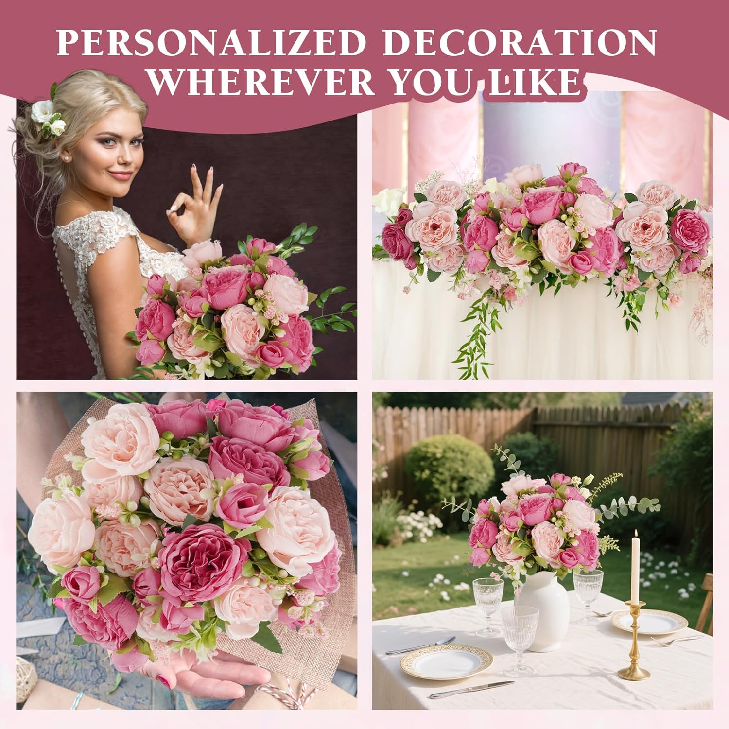 10 Bundles Artificial Peonies Flowers Boho Spring Bouquet Decoration Faux Flowers Artificial Centerpiece For Wedding Floral Arrangements Vase (Pink, Dark Pink)