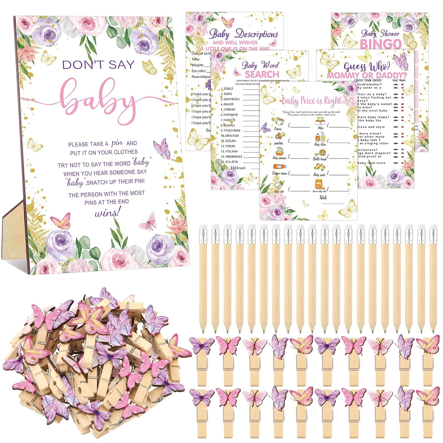 321 Pcs Butterfly Baby Shower Decorations A Little Butterfly Is On The Way For Baby Shower Party Bingo Games Don'T Say The Word For Pink Purple Gender Reveal Game Birthday Party Decor Supplies