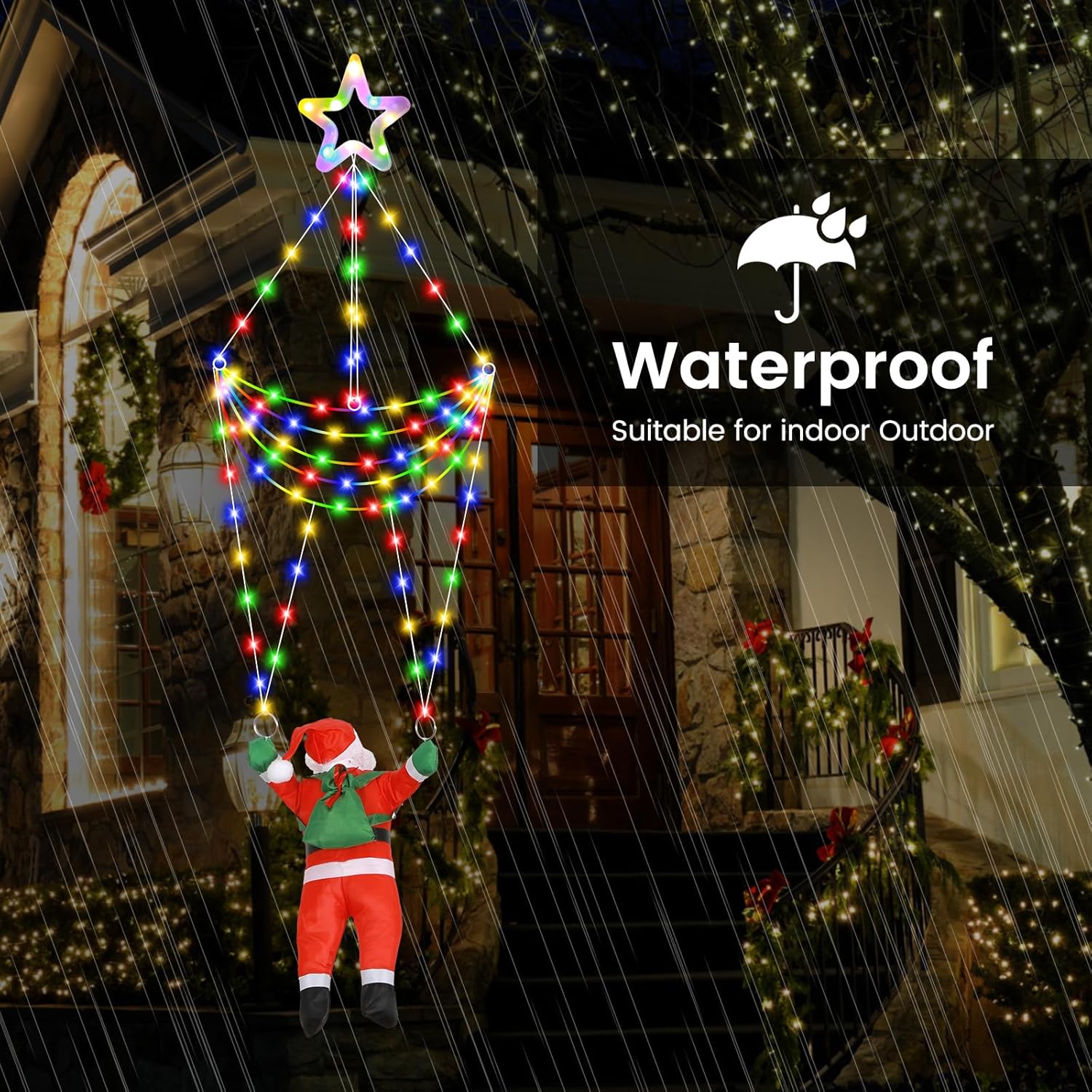 Led Christmas Parachute Lights With Santa Claus, 3.66Ft, 8 Modes Hanging Lights For Indoor Outdoor Porch Roof Eave Balco