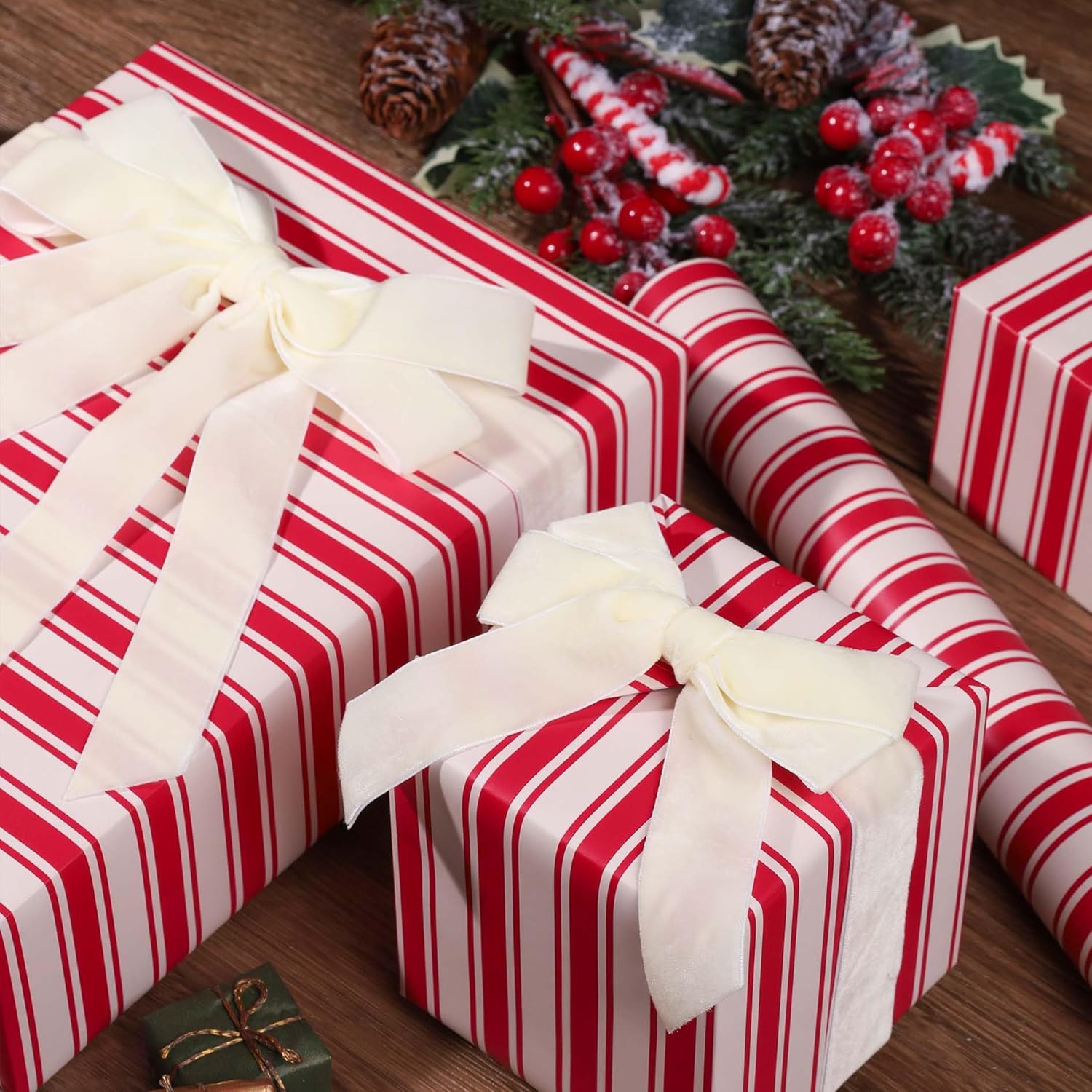 Christmas Wrapping Paper Roll, Classic Red & White Striped Gift Wrap For Christmas, Holiday, Winter Party, 17 Inch X 33 Feet