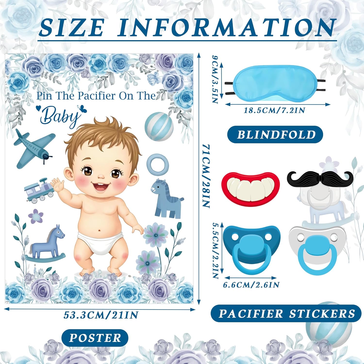 Pin The Pacifier On The Baby Game Include Large Poster 24Pcs Pacifier Stickers Blindfold Set Family Interaction Game For Blue Baby Shower Birthday Party