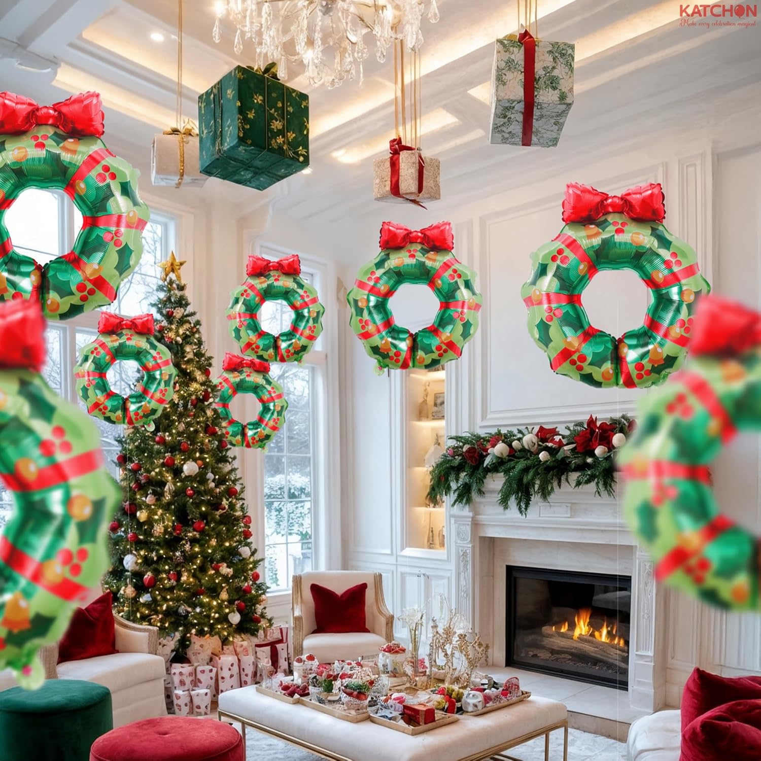 , Wreath Christmas Balloons – Pack Of 8 | Christmas Decorations Indoor | Wreath Balloons With Red Bow For Holiday Celebrations, Family Gatherings | Outdoor Xmas Decorations