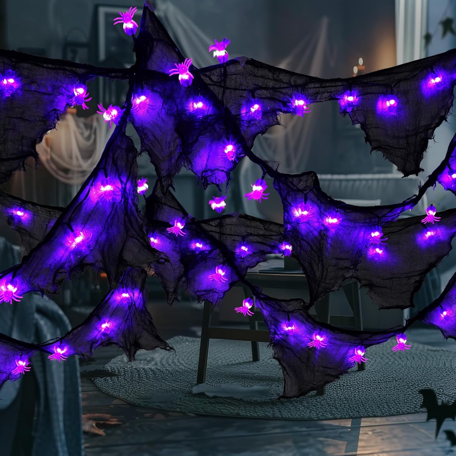 9.8 Ft Halloween Decorations Purple Spider Lights With Black Gauze 30 Led Battery Operated Fairy Lights For Patio Garden