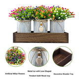 Table Centerpiece Decoration Artificial Flower Set With 3 Fake Milan Bouquet And Wood Tray For Desk Home Bathroom Office Décor