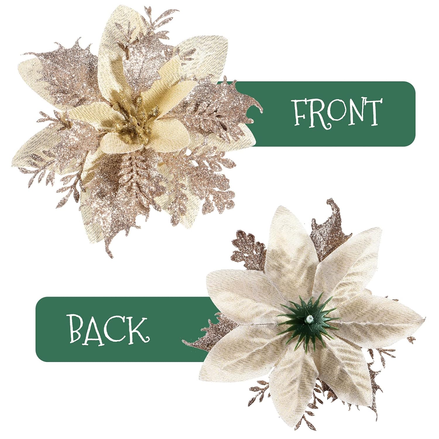 Christmas Glitter Artificial Poinsettia Flowers: 12Pcs Christmas Tree Flowers Ornaments- Xmas Party Decoration With 12Pcs Stems And Clips (Light Gold)
