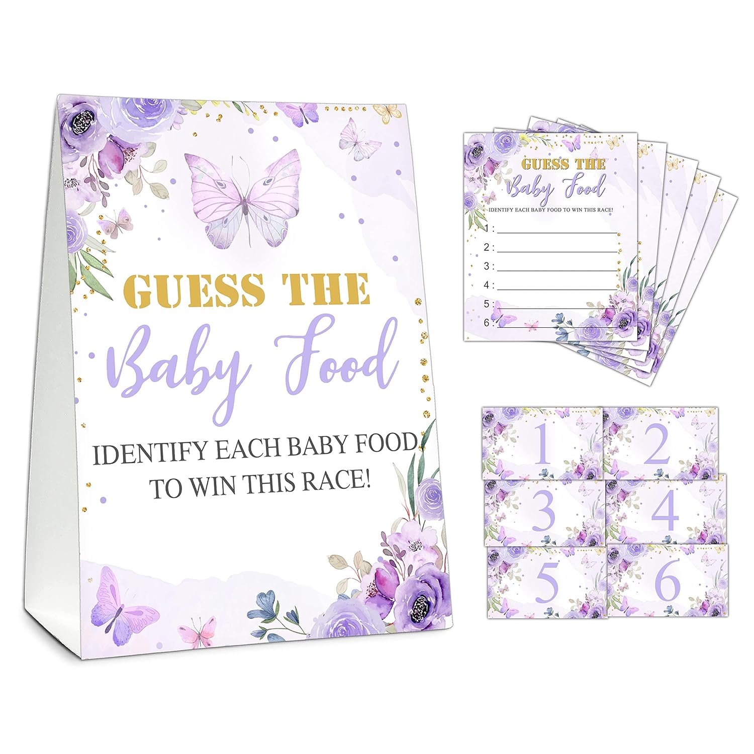 Guess The Baby Food Party Games, Baby Shower Game Set, 1 Standing Sign + 25 Answer Cards + 6 Number Cards, Purple Butterfly Gender Reveal Party Decorations Supplies -A02