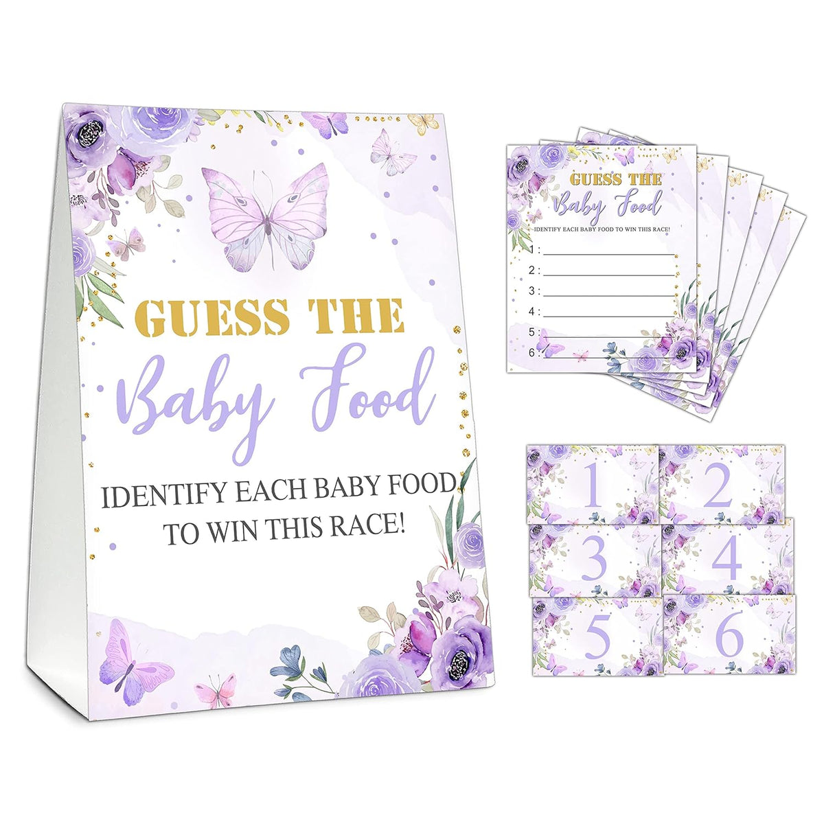 Guess The Baby Food Party Games, Baby Shower Game Set, 1 Standing Sign + 25 Answer Cards + 6 Number Cards, Purple Butterfly Gender Reveal Party Decorations Supplies -A02