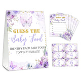 Guess The Baby Food Party Games, Baby Shower Game Set, 1 Standing Sign + 25 Answer Cards + 6 Number Cards, Purple Butterfly Gender Reveal Party Decorations Supplies -A02