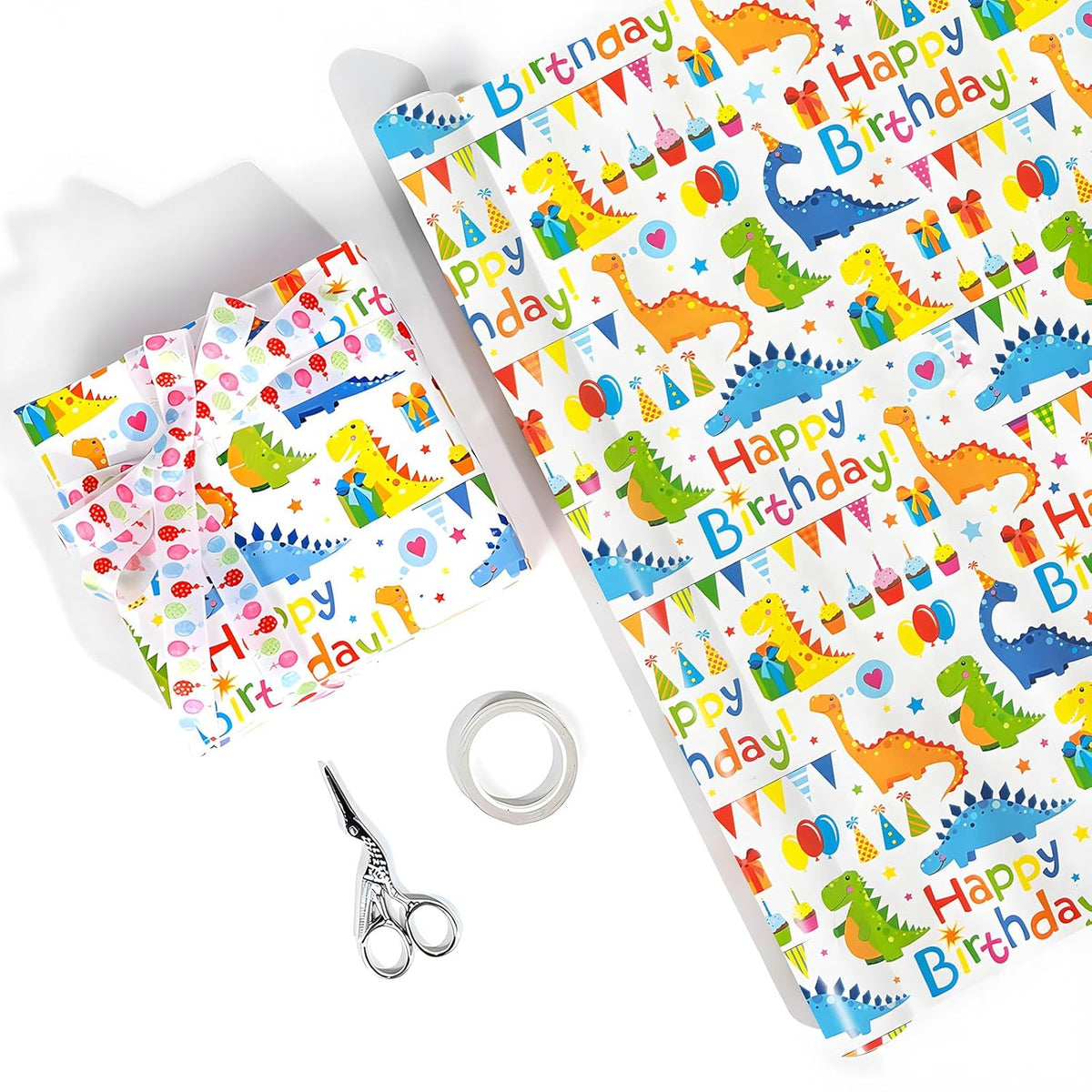 Happy Birthday Dinosaur Wrapping Paper Roll, 17 Inch X 32.8 Feet 1 Roll, Cute Wrapping Paper, Dinosaur Party Favor, Baby Showers, Happy Bday Wrap, Christmas Wrapping Paper Design , Wrapping Paper Rolls Gift Wrap Paper Parties