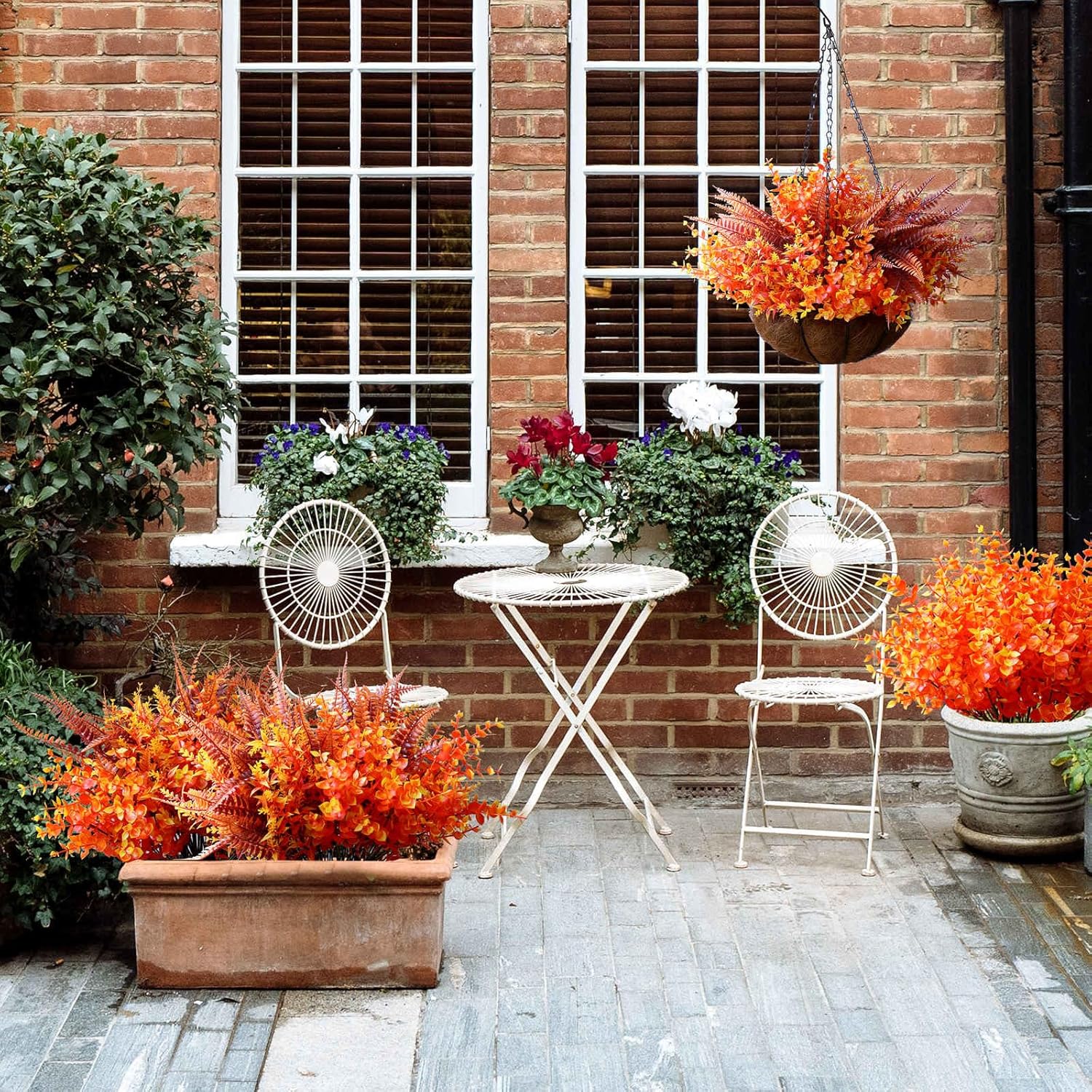 18Pcs Artificial Fall Flowers Mums Plants For Outdoor Autumn Decoration Uv Resistant Bulk Fake Fall Plastic Flowers Faux Boston Fern Eucalyptus Plant For Garden Patio Window Box Pot Indoor Home Decor