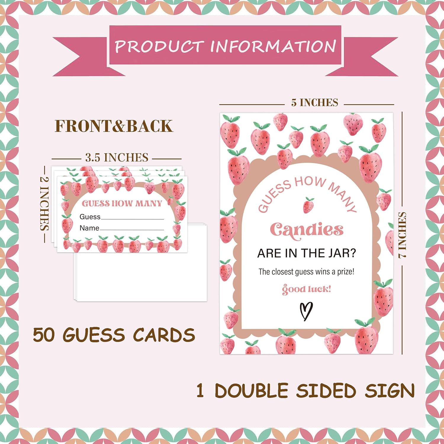 Strawberry Baby Shower Game, Guess How Many Candies Are In The Jar, Pack Of 1 Sign And 50 Guessing Cards, Baby Shower Decoration, Gender Neutral - 11