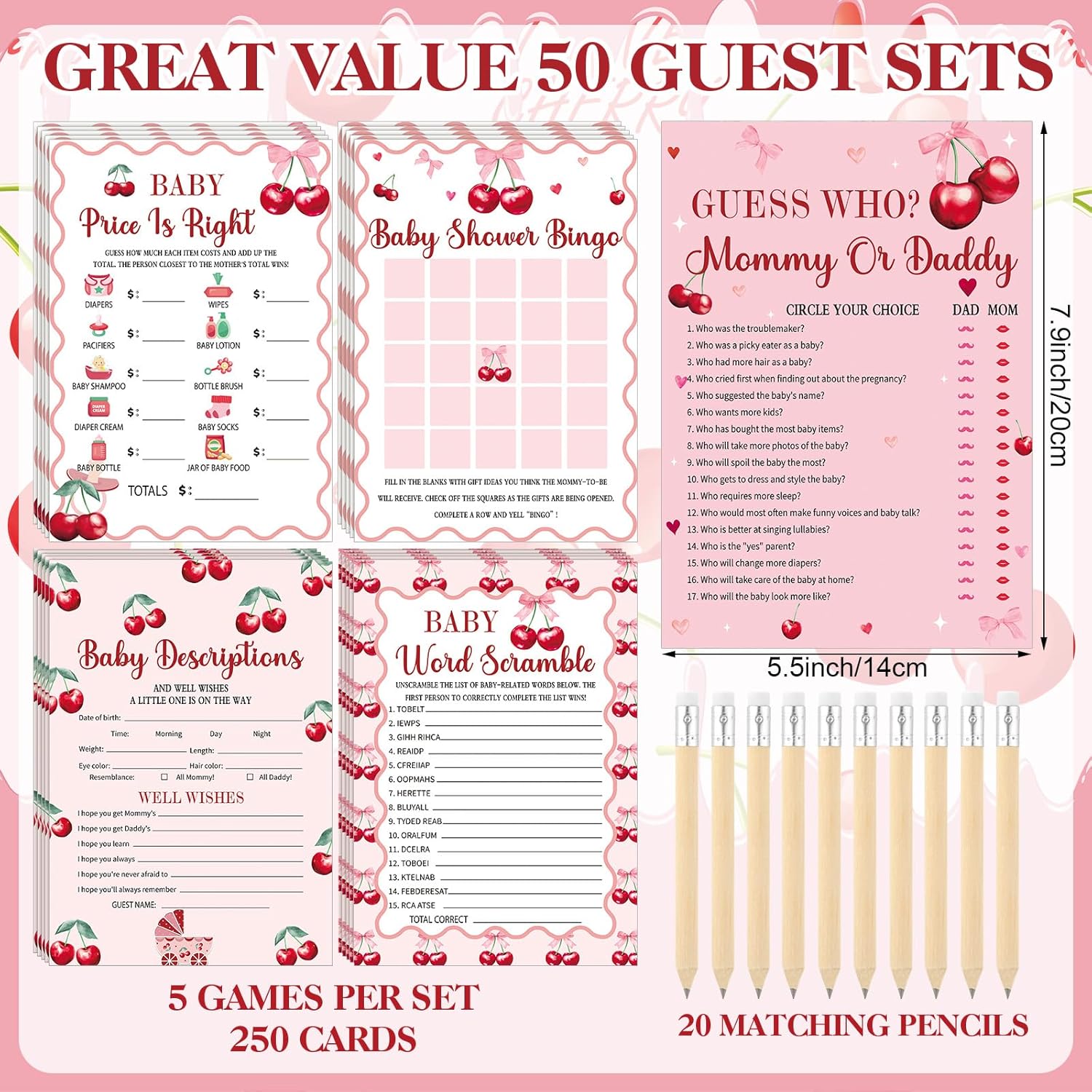 321 Cherry Baby Shower Decorations Games Supplies Pink She'S The Cherry On Top Baby Shower Games Themed Don'T Say Sign For Cherries Themed Gender Reveal Birthday Party Decorations Supplies