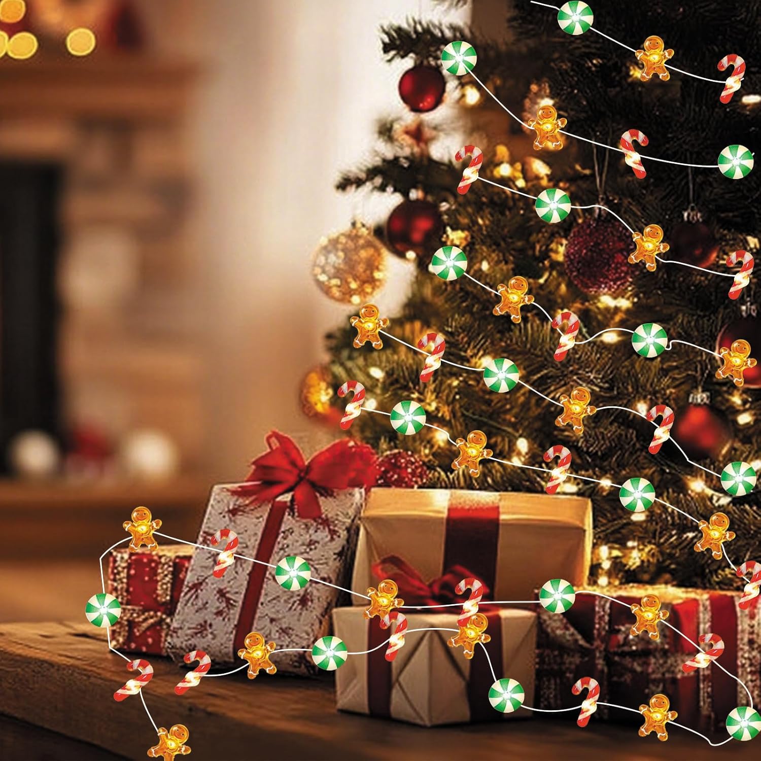 Christmas Lights Indoor Decorations 16.7Ft 50 Led Gingerbread Man Candy Crutches Lights Battery Powered Christmas Light
