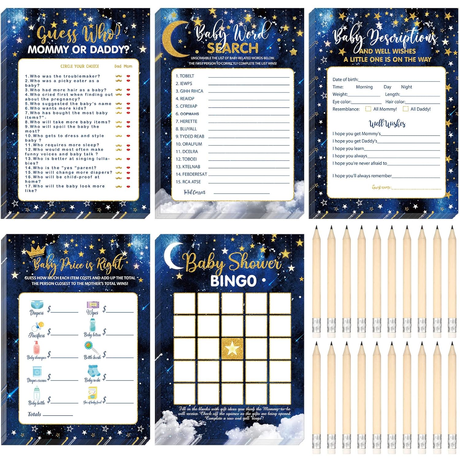 145 Pieces Baby Shower 5 Games Set Baby Shower Games Activities With 20 Pencils For Girls Boys Include Descriptions, Wishes, Guess Who, Bingo Activities (Moon And Star)