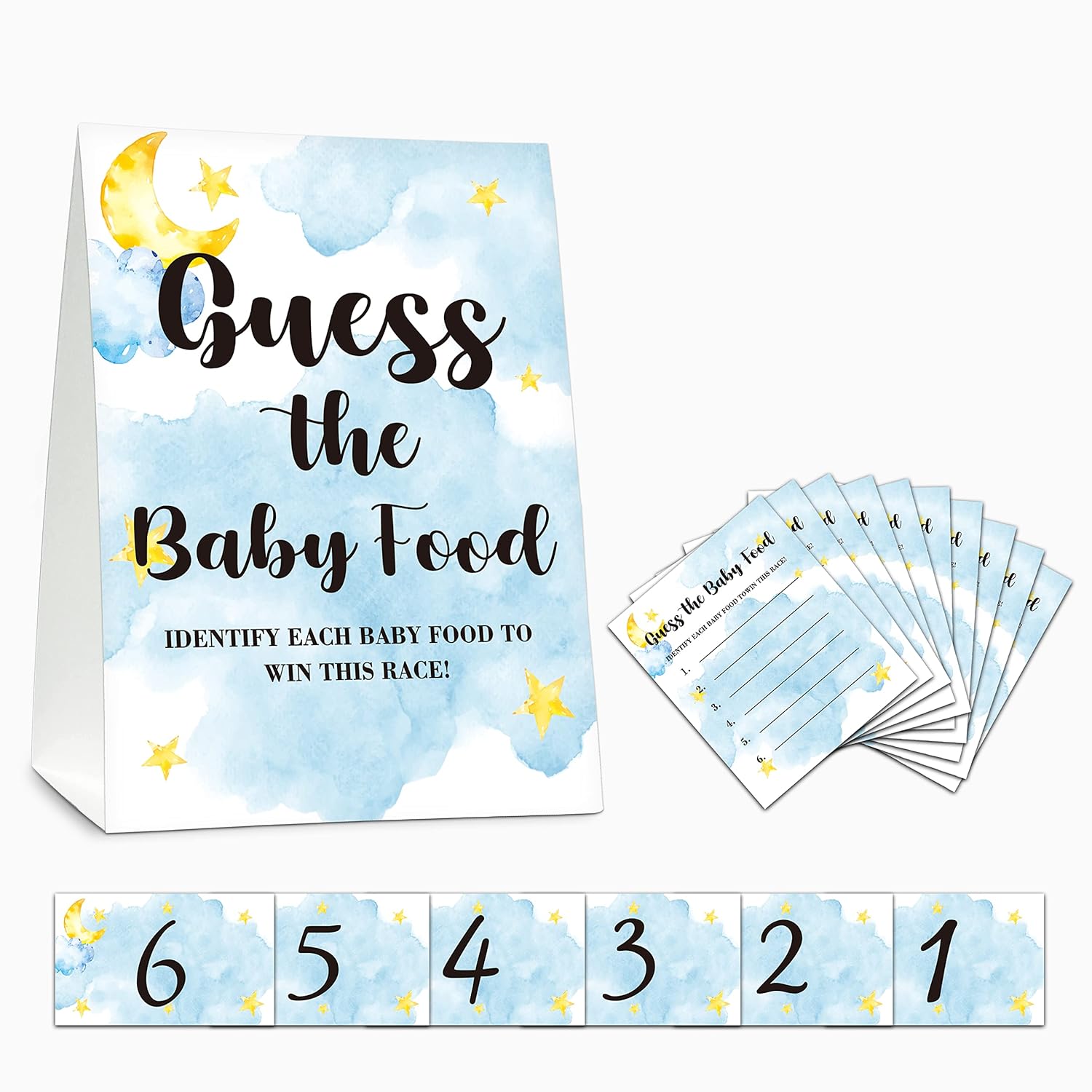 Baby Shower Game Set, Find The Baby Food Party Games(1 Standing Sign + 20 Answer Cards + 6 Number Cards), Moon And Stars Shower Games, Sleepover Gender Reveal Party Favor(A06)