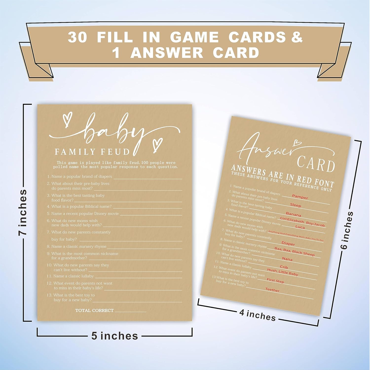 Family Feud Game Kit For Baby Shower - Minimalism Brown - 30 Fill In Game Cards & 1 Answer Card For Baby Shower, Funny Gender Reveal Party Favor, Activity & Supplies - D05