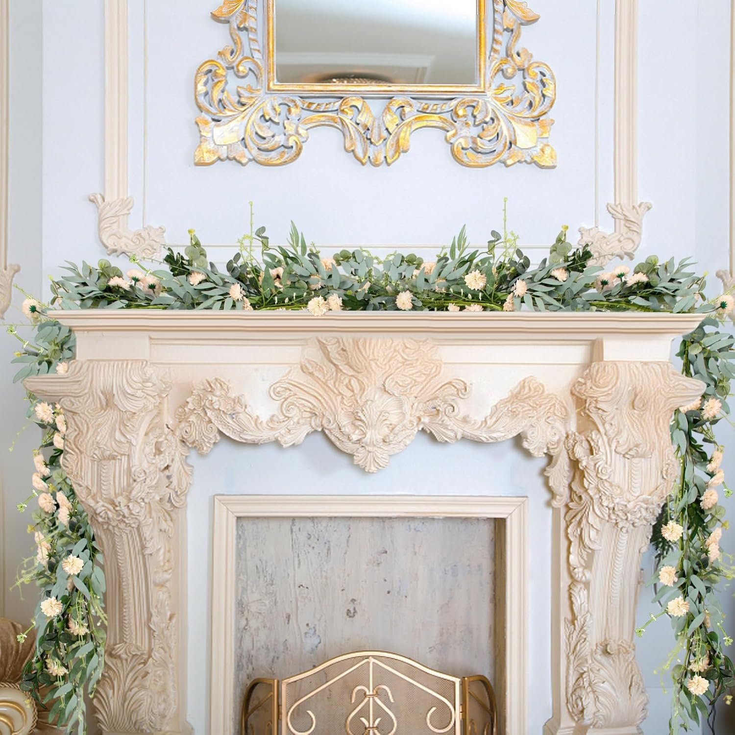 1 Pcs 6 Ft Artificial Flower Garland With Chrysanthemum And Eucalyptus 22 Inch Beige Floral Summer Garland For Wedding Porch Stair Table Centerpieces Baby Shower Birthday Decor