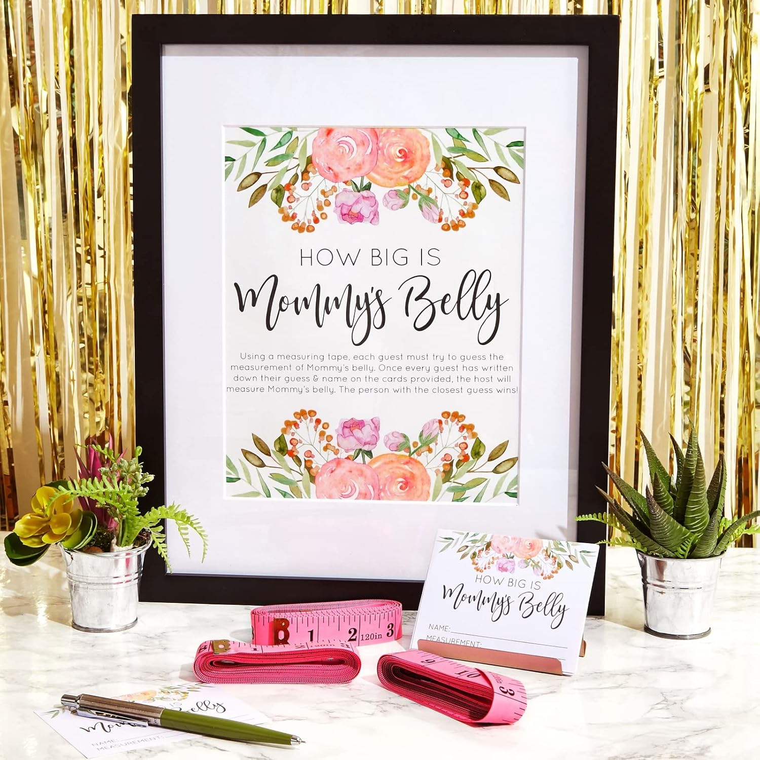 Baby Shower Tape Measure Game - Pink 28-Piece Set - 24 Guess Cards, 3 Measuring Tapes & Sign - How Big Is Mommy'S Belly Activity For Baby Shower Games