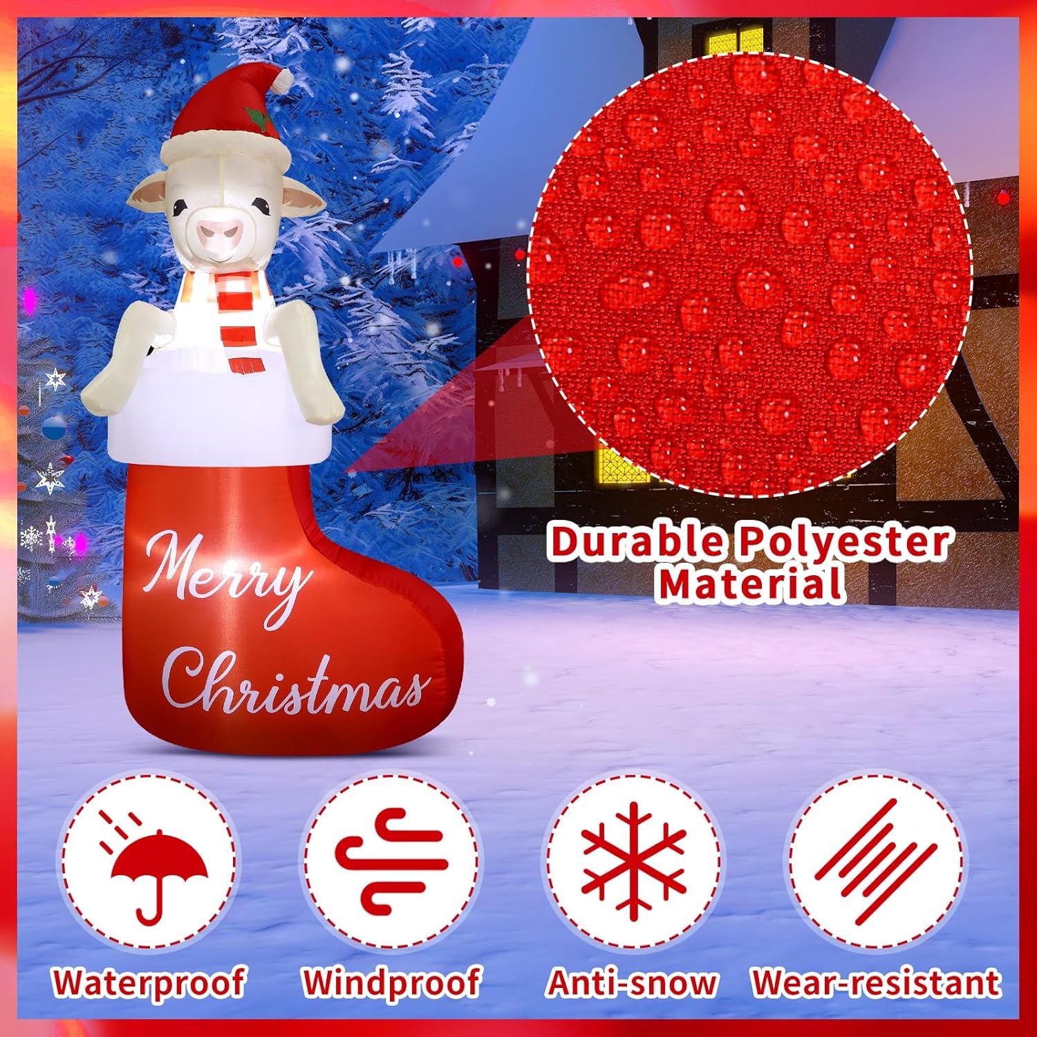 5Ft Christmas Inflatables Goat Outdoor Decoration Inflatables Goat In Xmas Stocking Lighted Blow Up Lamb Climbing Out Fr