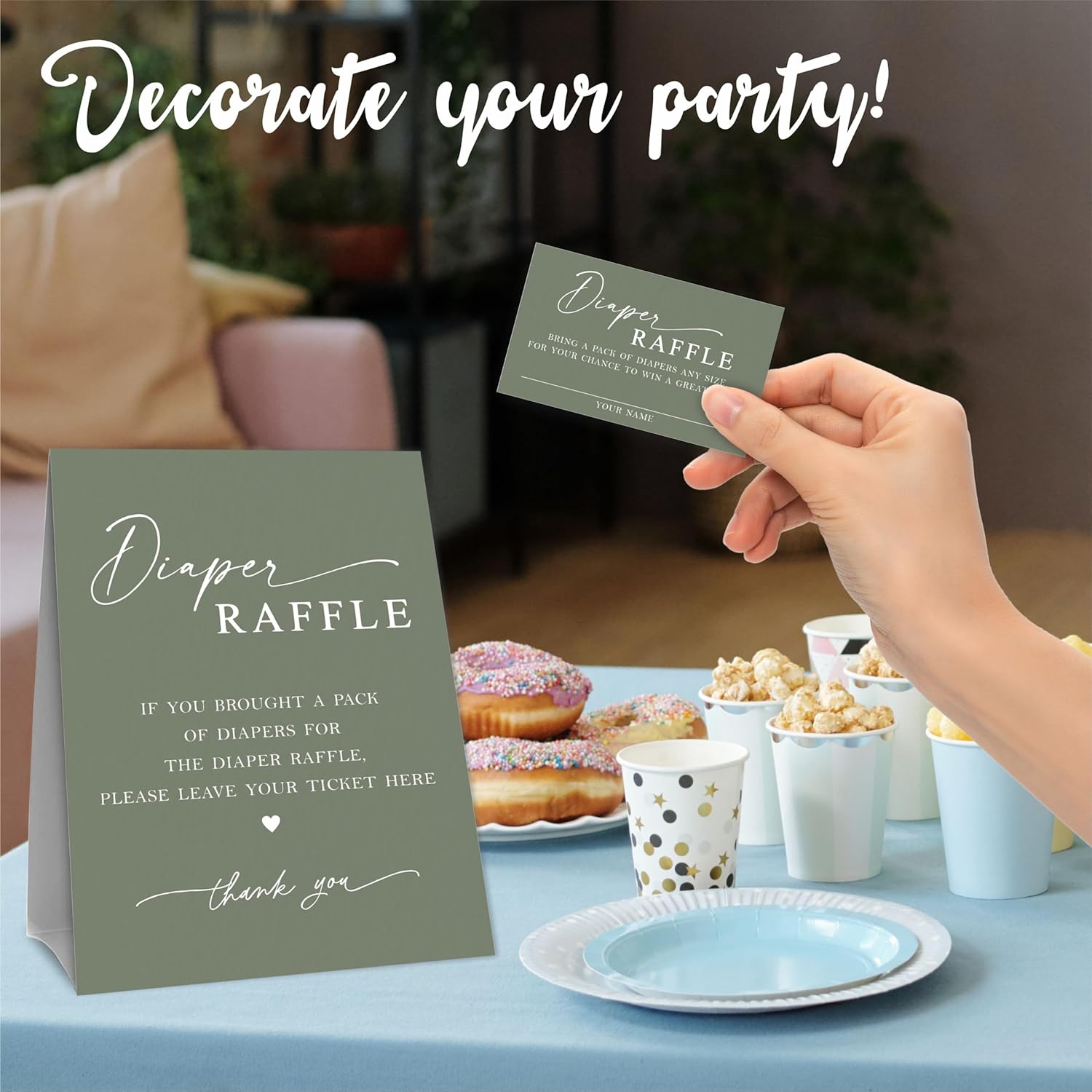 Baby Shower Diaper Raffle Game Set, Calligraphy Green Theme 1 Standing Sign & 50 Raffle Tickets, Baby Shower Game Kit, Gender Reveal Party Supplies - A15