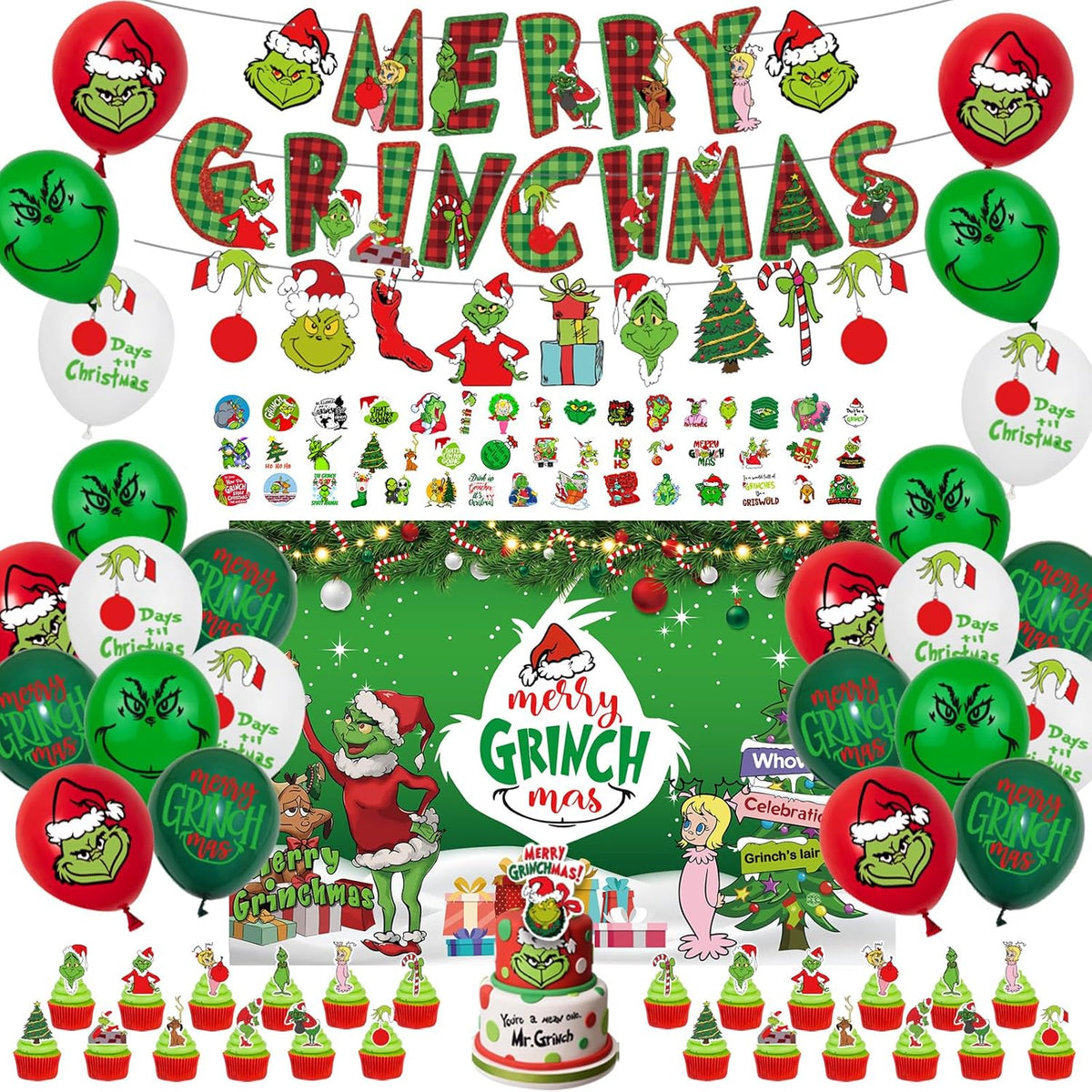 102 Pc Christmas Party Decorations Set - Includes Merry Christmas Banner, Backdrop, Cake Topper, Balloons, Stickers For Kids & Adults