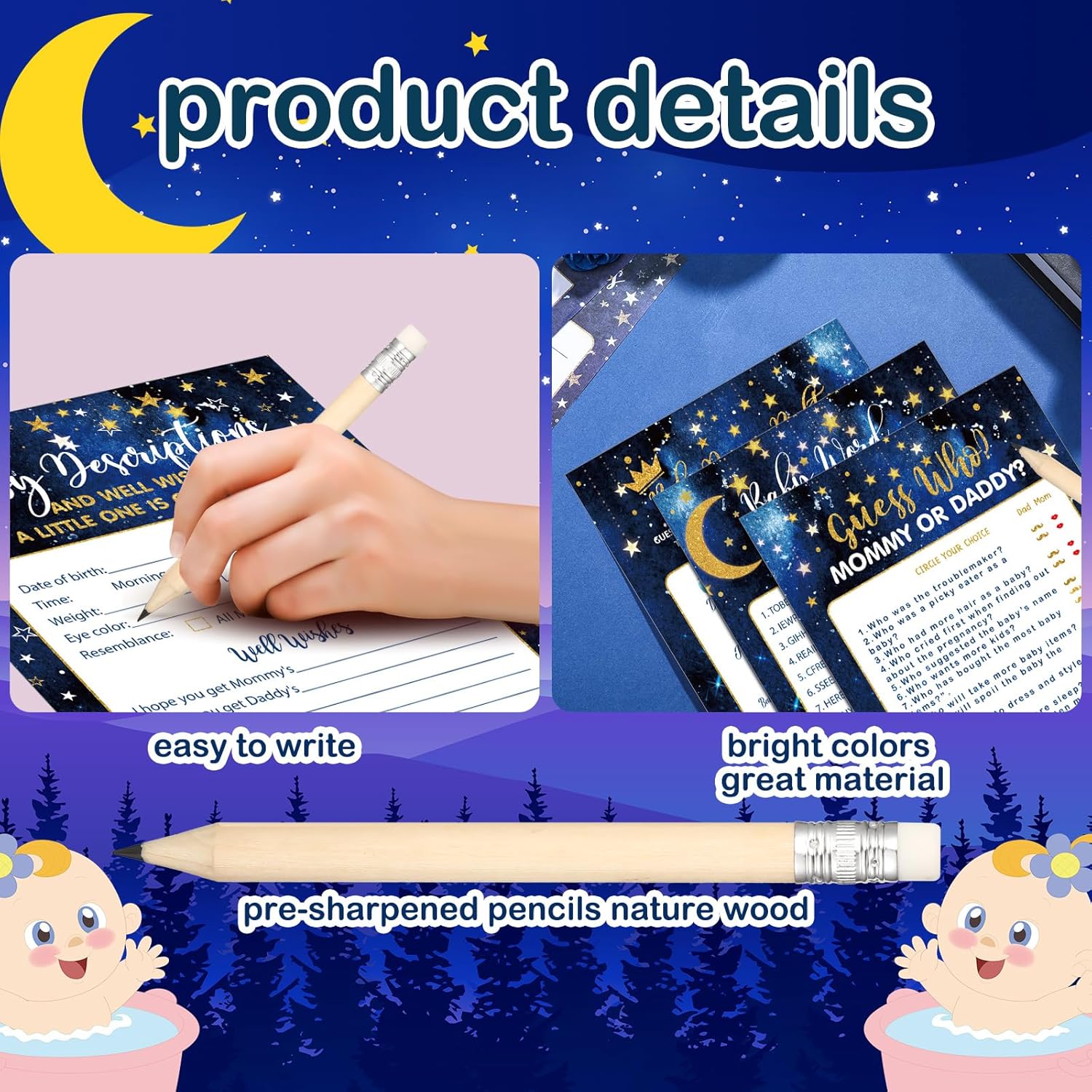 145 Pieces Baby Shower 5 Games Set Baby Shower Games Activities With 20 Pencils For Girls Boys Include Descriptions, Wishes, Guess Who, Bingo Activities (Moon And Star)