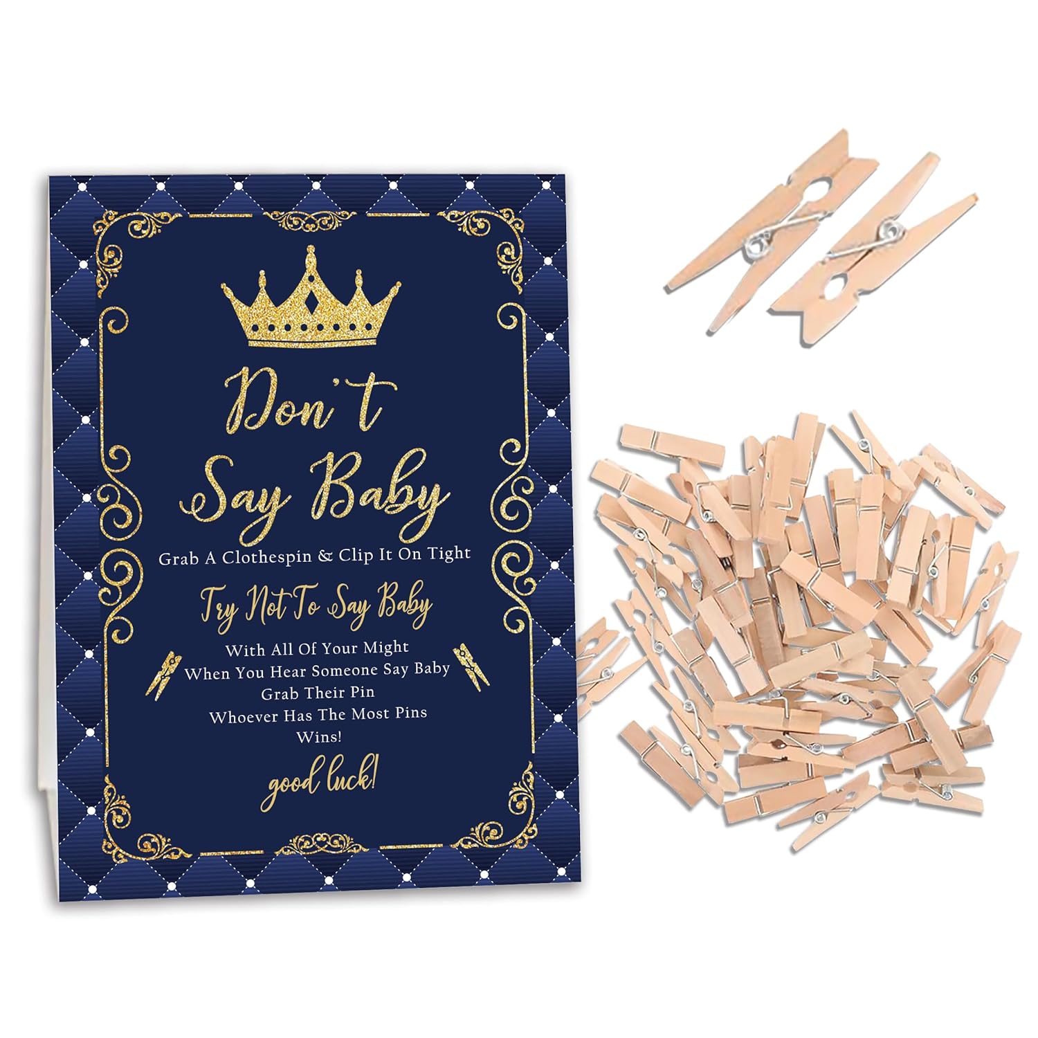 Royal Prince Baby Shower, Don'T Say Baby Game For Baby Shower (One Sign With 50 Mini Clothespins), Crown Navy Gold Theme Baby Shower Decorations, Gender Reveal Game-Dsbb05
