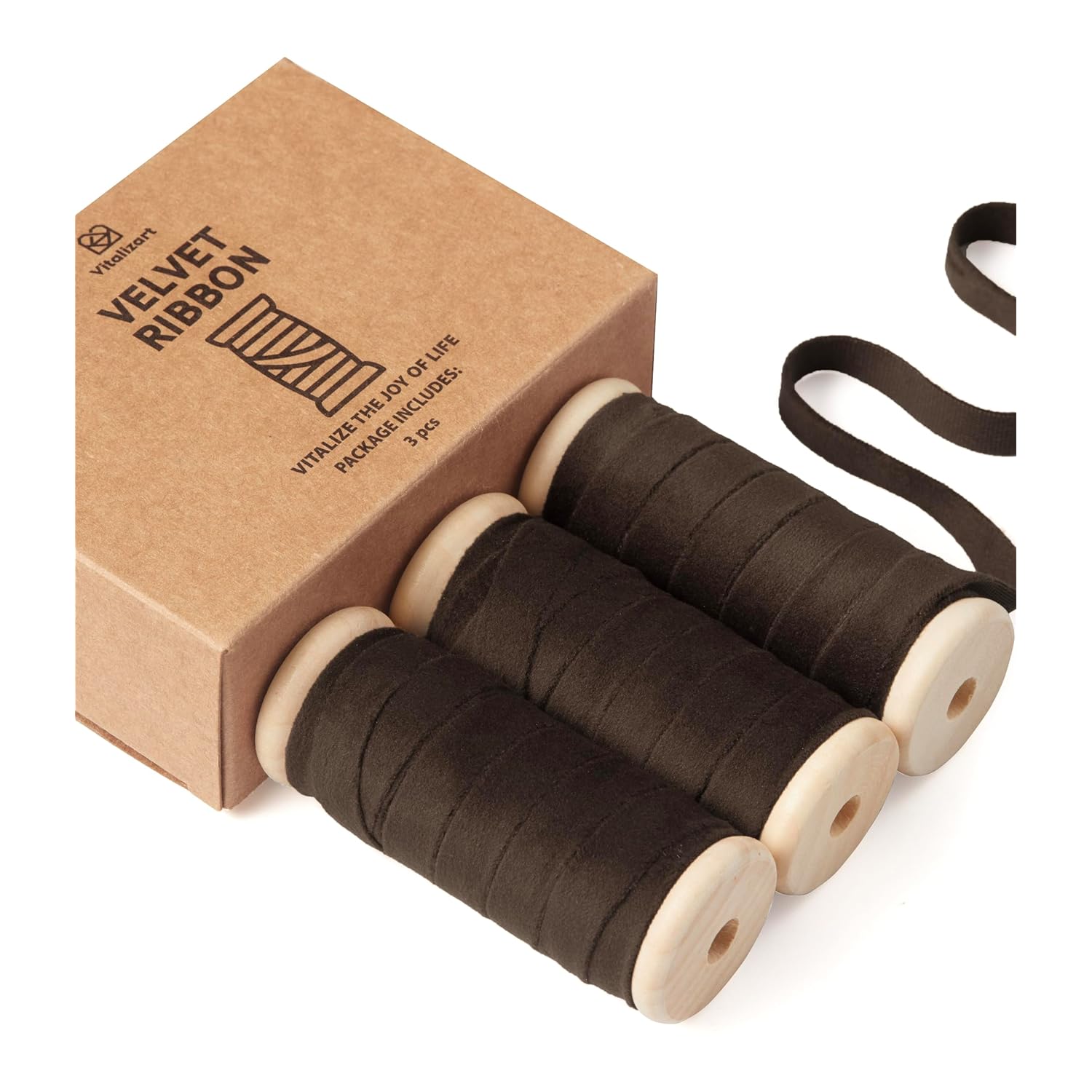 Brown Velvet Ribbon Set 3/8" X 15 Yd Wooden Spool Fabric Trim 3 Rolls * 5 Yd For Christmas Wreath Decoration Handmade Craft Ornaments Gift Wrapping & Bow Making
