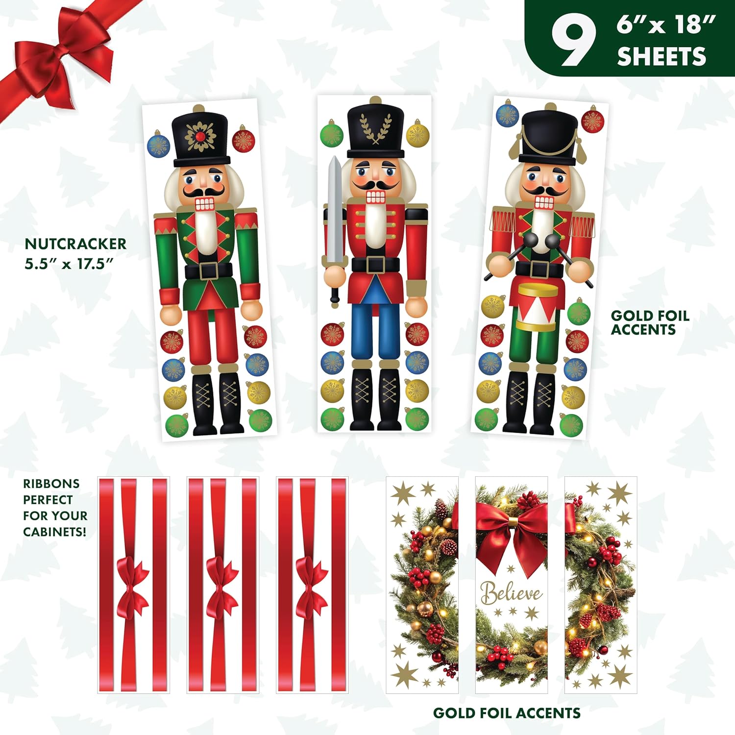 Classic Christmas Decal Kit – 9 Peel & Stick Sheets With Festive Ornaments, Red Bows, Nutcracker & Wreaths. Removable, Water-Resistant & Rental-Safe Holiday Wall Décor.