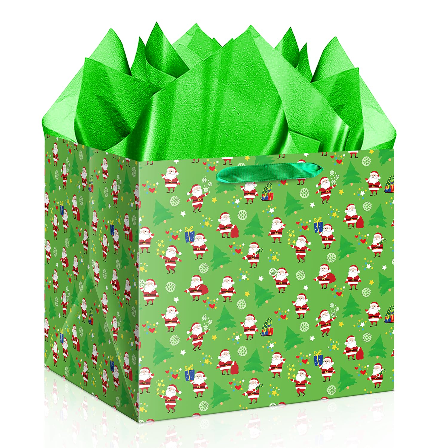 Extra Large Christmas Gift Bag With Tissue Paper, 11.8" Square Green Christmas Santa Claus Design Paper Bags With Handles For Xmas Holiday Presents Wrapping.